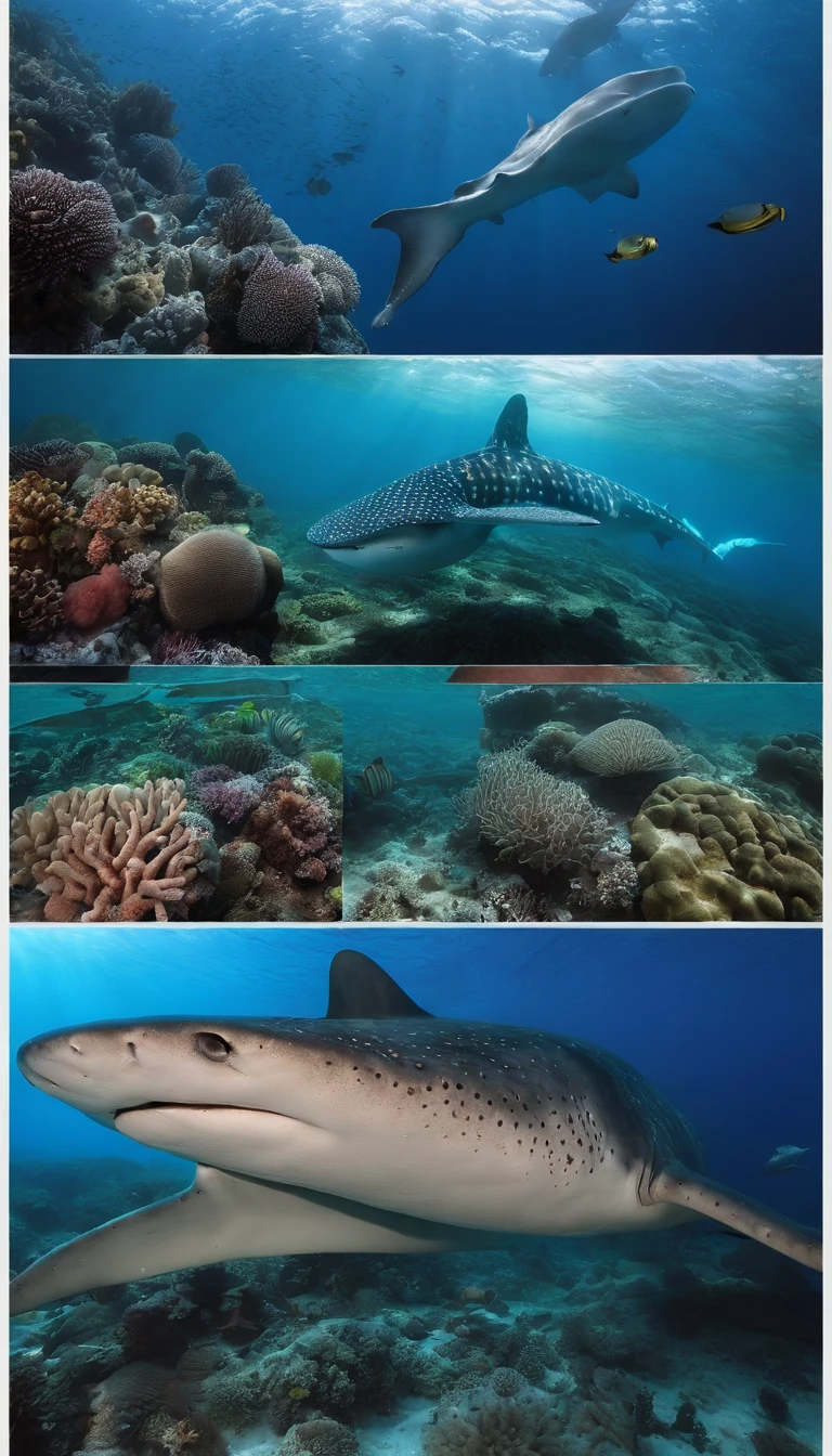 sci-fy, ocean floor,Bio-luminescence,，whale shark、Turtlen、Spotted seals、Rare marine species such as white dolphins，and seagrass, coral, seaweed