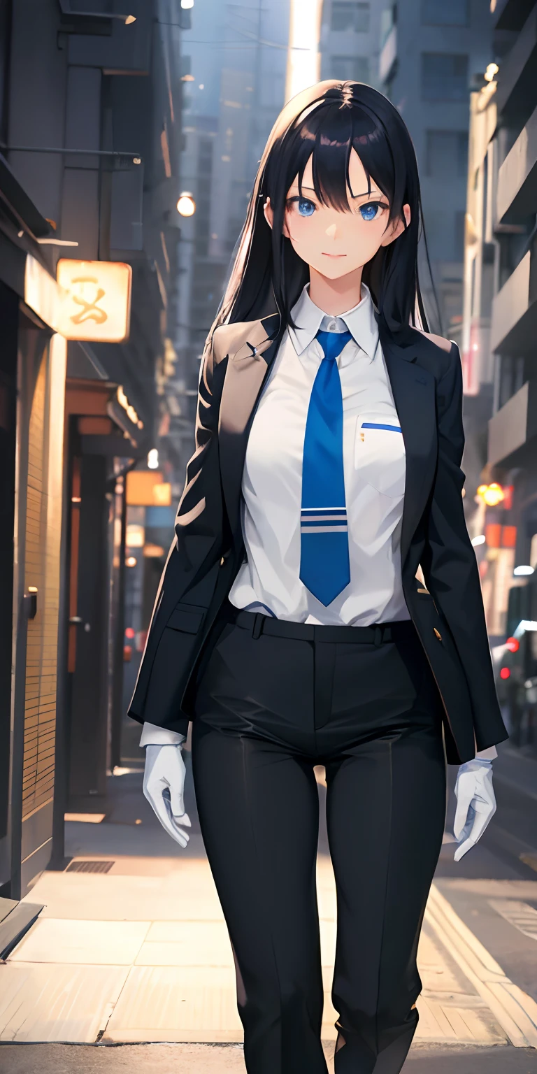 1girl,(Anime 1.5),(character 1.5),Oregairu Anime) HDR,UHD,8K, best quality, masterpiece, Highly detailed, ultra-fine painting, Vivid Colors, Cinematic Lighting, slender, (YukinoshitaYukino) , blue eyes, seductive smile, straight hair, longhair, (black hair), (human), (tuxedo), long pants, black pants, butler, cool+, tie, white gloves