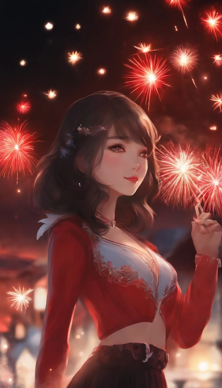 1girll，sideface，Sideways， Expose the whole body，Nice face，red pupils，Gray-black hair，Fireworks in bloom，Colorful fireworks，fire works，daysies，Floating in the sky，brightly，cheerfulness，Warm and soft lighting，early evening，Blue，light cloud，Bar cloud