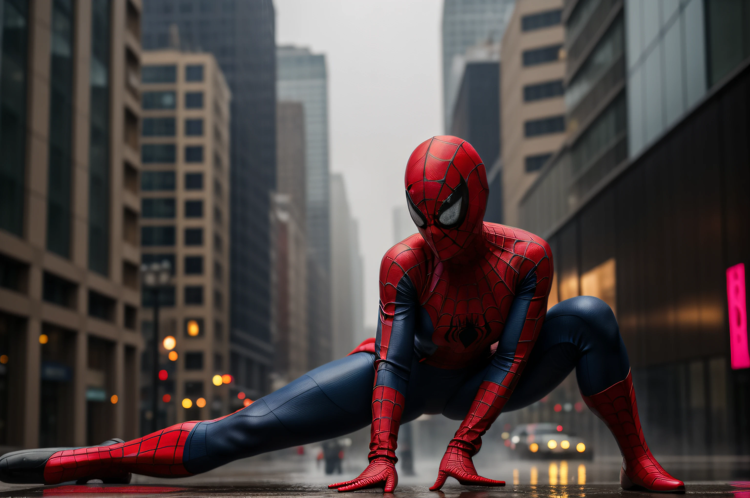 (Thirty year old) woman, in the heavy rain, dressed as spiderman, Spider-Man, climbing a building, beautiful legs, small breasts, dreamy photo, dynamic pose, looking straight at camera, detailed eyes, soft expression, flirty, slight smile, dark city landscape, city lights, top of building, light reflecting on ground, crowd of dark strangers, misty, andre kohn, Canon, (Detailed features::1.2), real life. Hayley Atwell