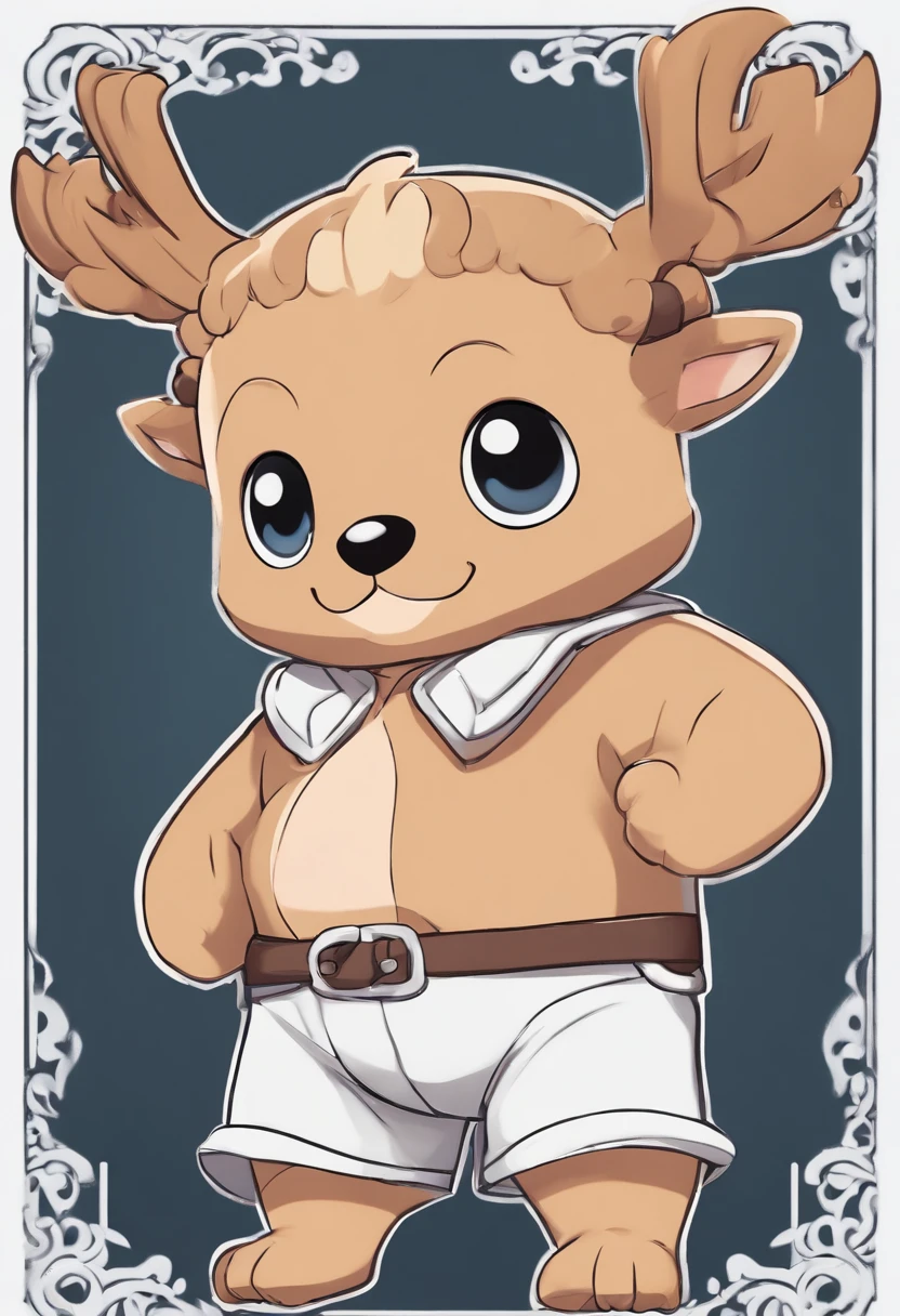 by Personalami, solo  (Tony Tony Chopper (One piece)), (detailed Tony Tony Chopper), adorable, cute, big pupils, wearing diaper, ((only diaper)), dilated eyes , shirtless, standing, stretched raised arms , extended  legs, looking at the observer with, scared ,small hooves on feet, small hooves on hands, padded wrist cuffs,padded ankle cuffs, padded collar, scared , on futuristic laboratory, japanese mascot, chibi proportions, chibi anatomy, fluffy body, no shorts, tyny legs, tiny arms, thin legs, short legs, slim legs, thin arms, no paws, tiny hooves , chubby, small body, small limbs,