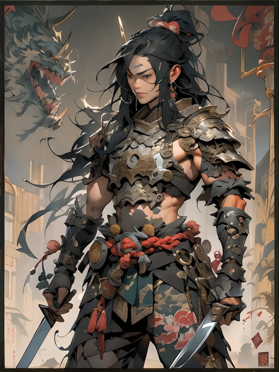 (((mtu))), (((best qualityer))), (((tmasterpiece))), (((AS-Adult))), ((( Japanese ))), Look up from your knees, Handsome Asian samurai,perfect body figure, Modern samurai, ((( Asian))), Wear gloves on your hands,The left arm is made of steel and metal tips,Made of protective devices, The eyes are pulled, (( Appears below the chest )), (( Small dental floss )), Simon Bisley, Almost naked(Simon Bisley)Castle City Wilderness,For high-resolution posters, hair straight, Minimum clothing, armure (Crazy clothes ), Full of tips and rivets, tribal tattoos, (((full bodyesbian))), Straight brunette hair,Colored hair ends