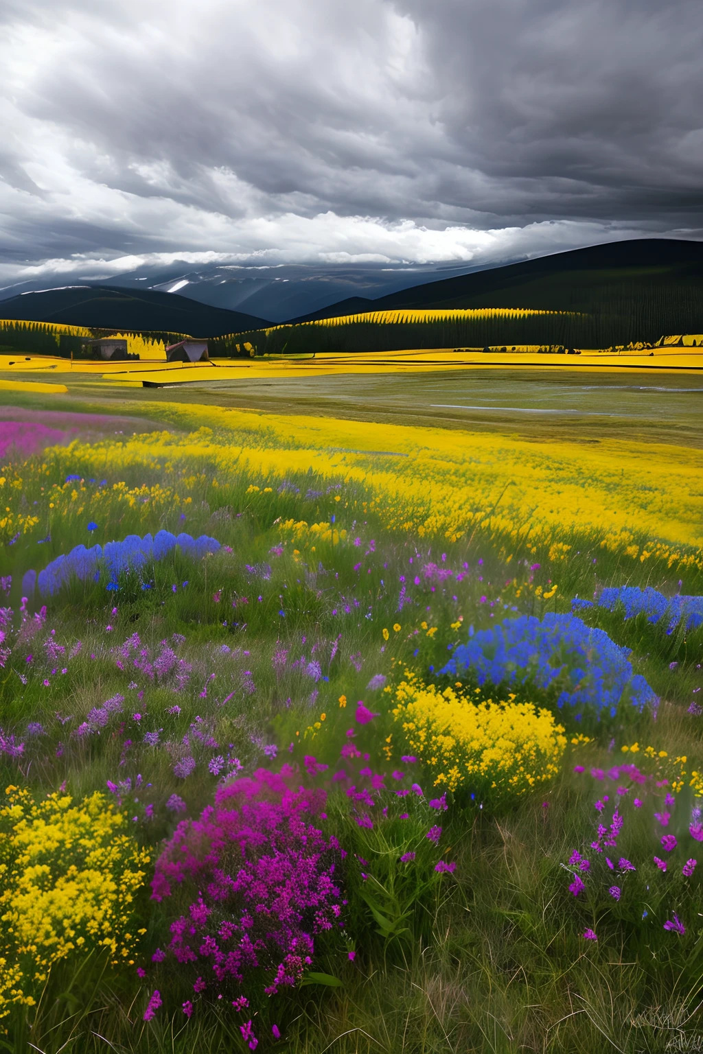 under a stormy sky full of clouds, fotografia bonita, local detalhado e lindo, cores frias, campo de flores, montanhas