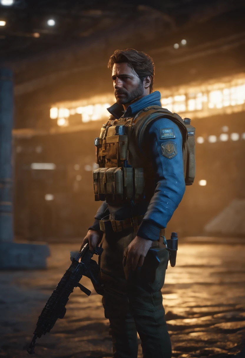Ultra-realistic 8k octane rendering, Done in Maya, Blender and Photoshop, Cinematic atmosphere, Dynamic dramatic cinematic lighting, Correct and accurate anatomy, Aesthetics, Digital illustration, high resolution, highly detailed portrait. Arthur Morgan from the game Read Dead 2. Wearing a futuristic gold uniform with a blue border, In his right hand he holds a caliber 12 gun. Show on the (((Pegasus constellation))) White.