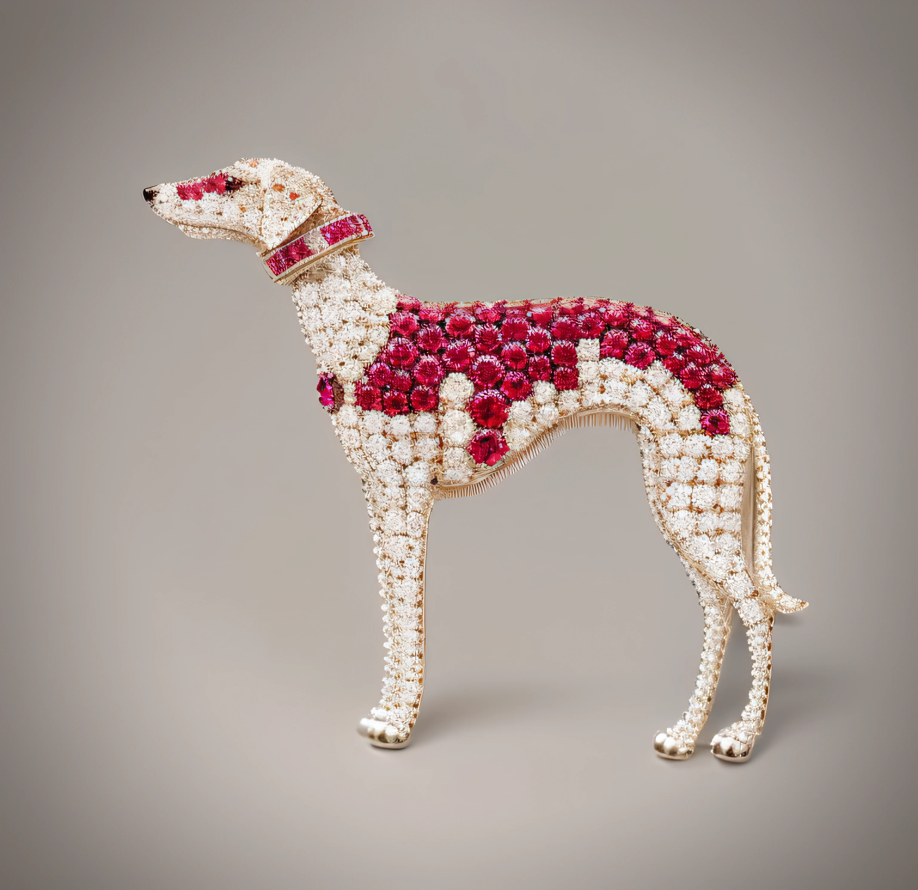 Close-up of dog brooch with red and white diamond collar, chaumet style, pets, chaumet, “diamonds, - h 1 0 2 4, -h 1024, h0, elegant portrait, A dog, H 768, h 7 6 8, van cleef & arpels style