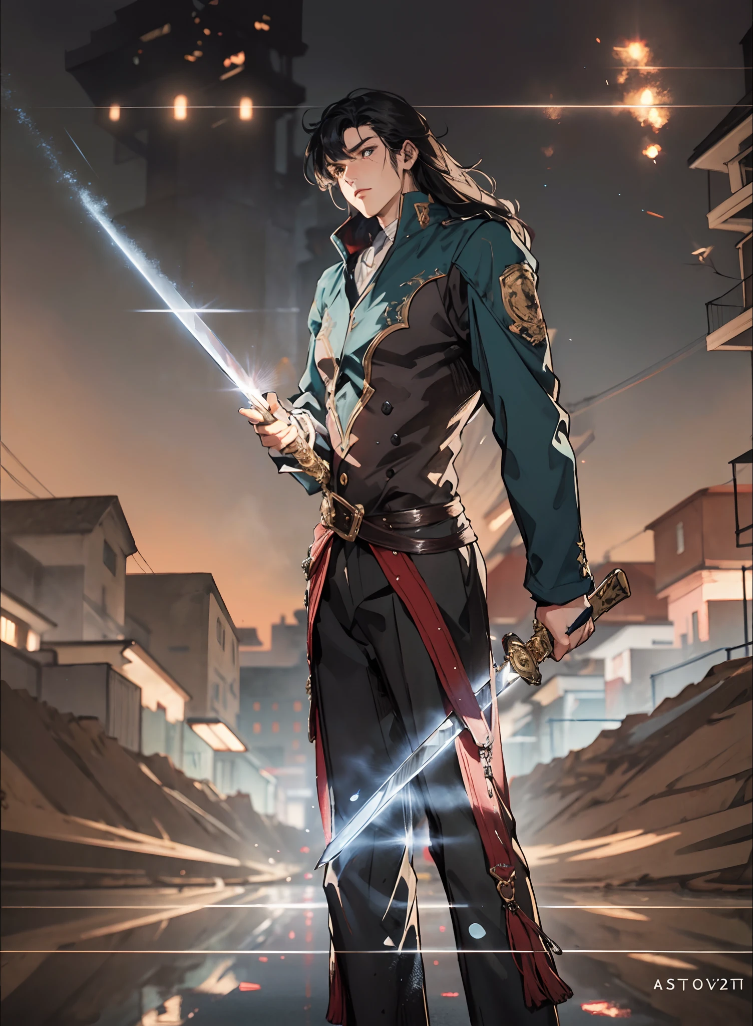 A young man with deep blue long hair, cold and resolute eyes, a slender face, handsome features, stands tall in front of a decrepit ancient city under the night sky, exudes a dignified demeanor, he wears a two-piece Western-Eastern hybrid black suit coat, matching black trousers, in each hand he holds a curved longsword emitting a faint, hazy blue glow that illuminates the surroundings, this character embodies a finely crafted fantasy-style swordsman design in anime style, characterized by a sophisticated and mature manga illustration art style, high definition, best quality, highres, ultra-detailed, ultra-fine painting, extremely delicate, professional, anatomically correct, symmetrical face, extremely detailed eyes and face, high quality eyes, creativity, RAW photo, UHD, 8k, Natural light, cinematic lighting, masterpiece:1.5