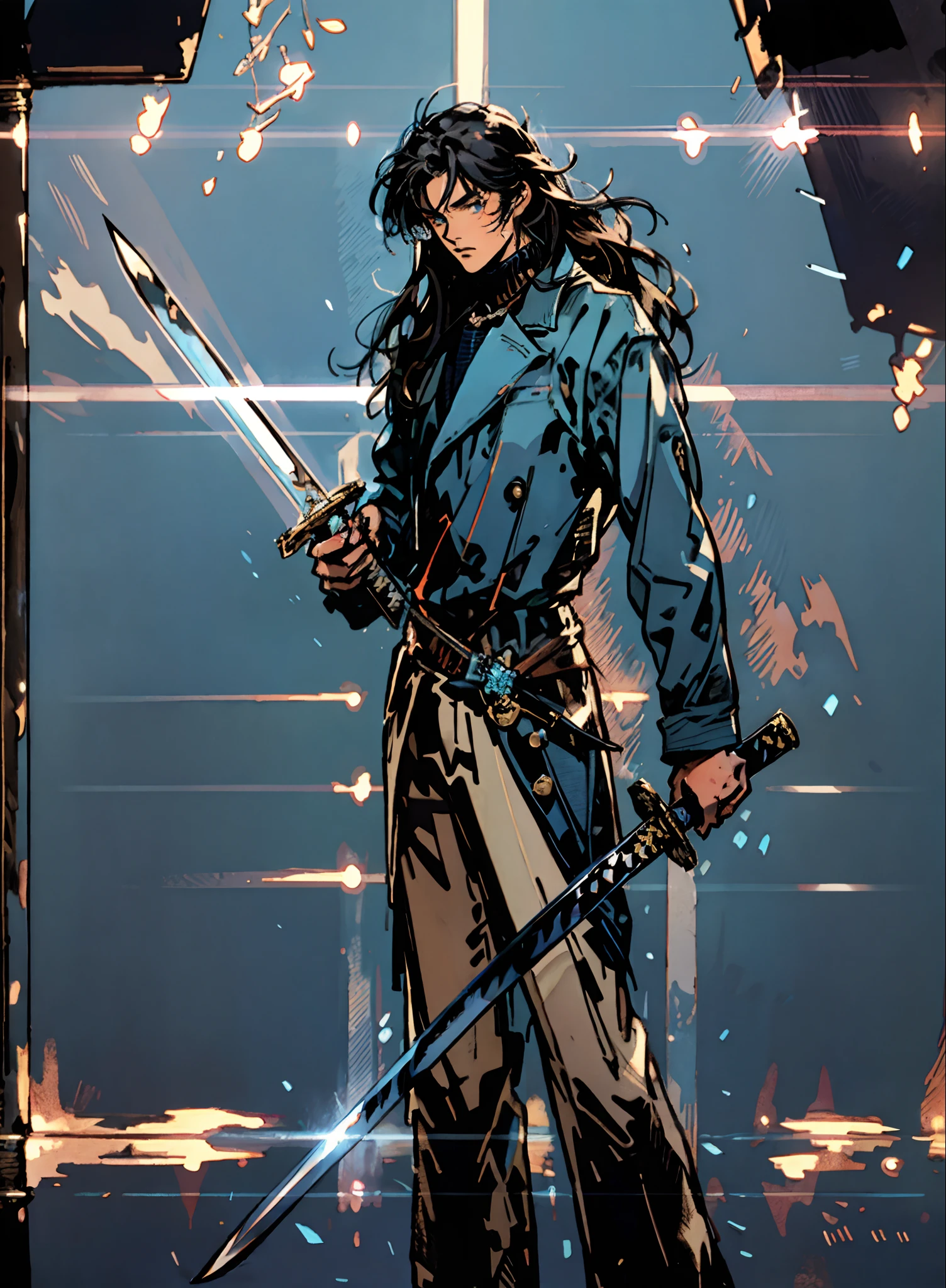 A young man with deep blue long hair, cold and resolute eyes, a slender face, handsome features, stands tall in front of a decrepit ancient city under the night sky, exudes a dignified demeanor, he wears a two-piece Western-Eastern hybrid black suit coat, matching black trousers, in each hand he holds a curved longsword emitting a faint, hazy blue glow that illuminates the surroundings, this character embodies a finely crafted fantasy-style swordsman design in anime style, characterized by a sophisticated and mature manga illustration art style, high definition, best quality, highres, ultra-detailed, ultra-fine painting, extremely delicate, professional, anatomically correct, symmetrical face, extremely detailed eyes and face, high quality eyes, creativity, RAW photo, UHD, 8k, Natural light, cinematic lighting, masterpiece:1.5