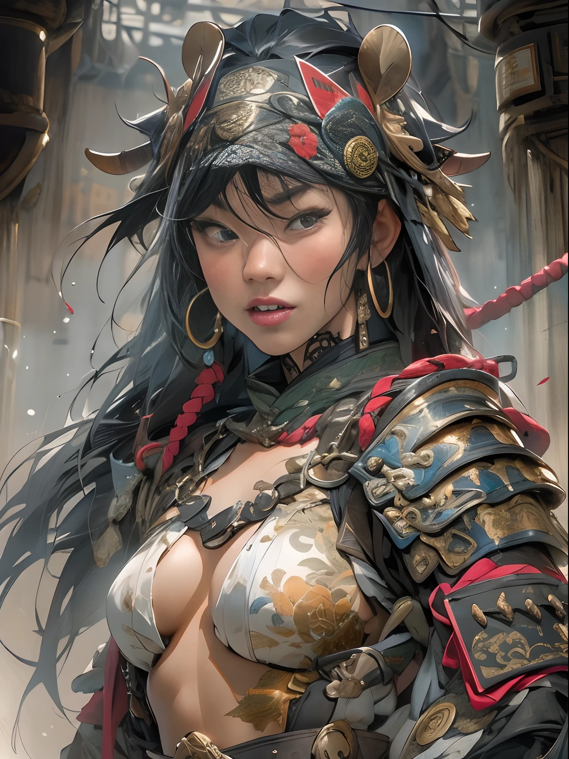 (((woman))), (((best qualityer))), (((tmasterpiece))), (((AS-Adult))), ((( Japanese ))), Look up from your knees, A beautiful asian samurai woman with perfect body, Modern samurai, ((( Asian))), Wear gloves on your hands，The left arm is made of steel and metal tips，Made of protective devices, The eyes are pulled, (( Appears below the breast )), (( Small dental floss )), Simon Bisley, Almost naked（Simon Bisley）Castle City Wilderness，For high-resolution posters, hair straight, Minimum clothing, armure (Crazy clothes ), Full of tips and rivets, tribal tattoos, (((full bodyesbian))), Straight brunette hair，Colored hair ends