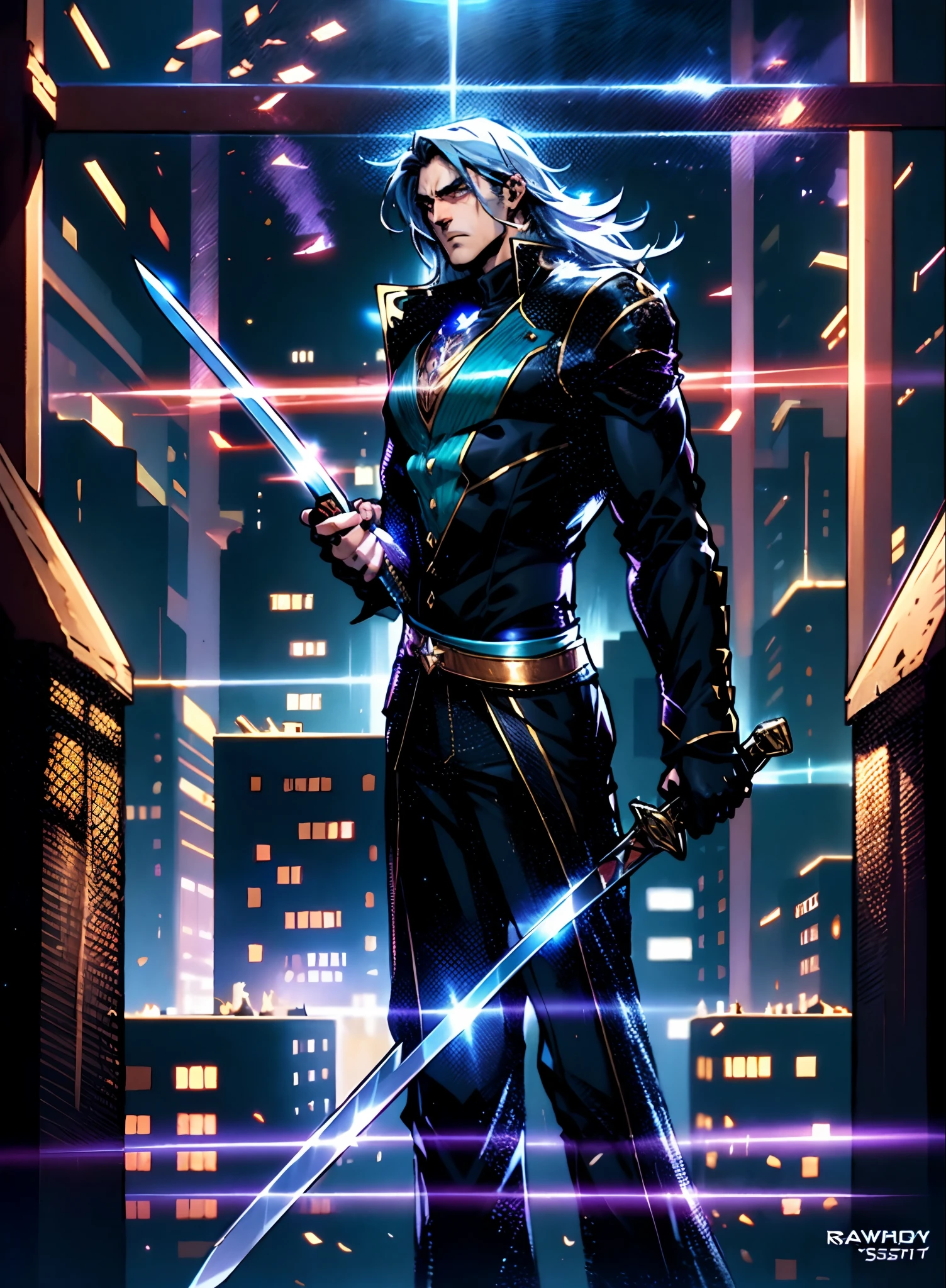 A young man with deep blue long hair, cold and resolute eyes, a slender face, handsome features, stands tall in front of a decrepit ancient city under the night sky, exudes a dignified demeanor, he wears a two-piece Western-Eastern hybrid black suit coat, matching black trousers, in each hand he holds a curved longsword emitting a faint, hazy blue glow that illuminates the surroundings, this character embodies a finely crafted fantasy-style swordsman design in anime style, characterized by a sophisticated and mature manga illustration art style, high definition, best quality, highres, ultra-detailed, ultra-fine painting, extremely delicate, professional, anatomically correct, symmetrical face, extremely detailed eyes and face, high quality eyes, creativity, RAW photo, UHD, 8k, Natural light, cinematic lighting, masterpiece:1.5