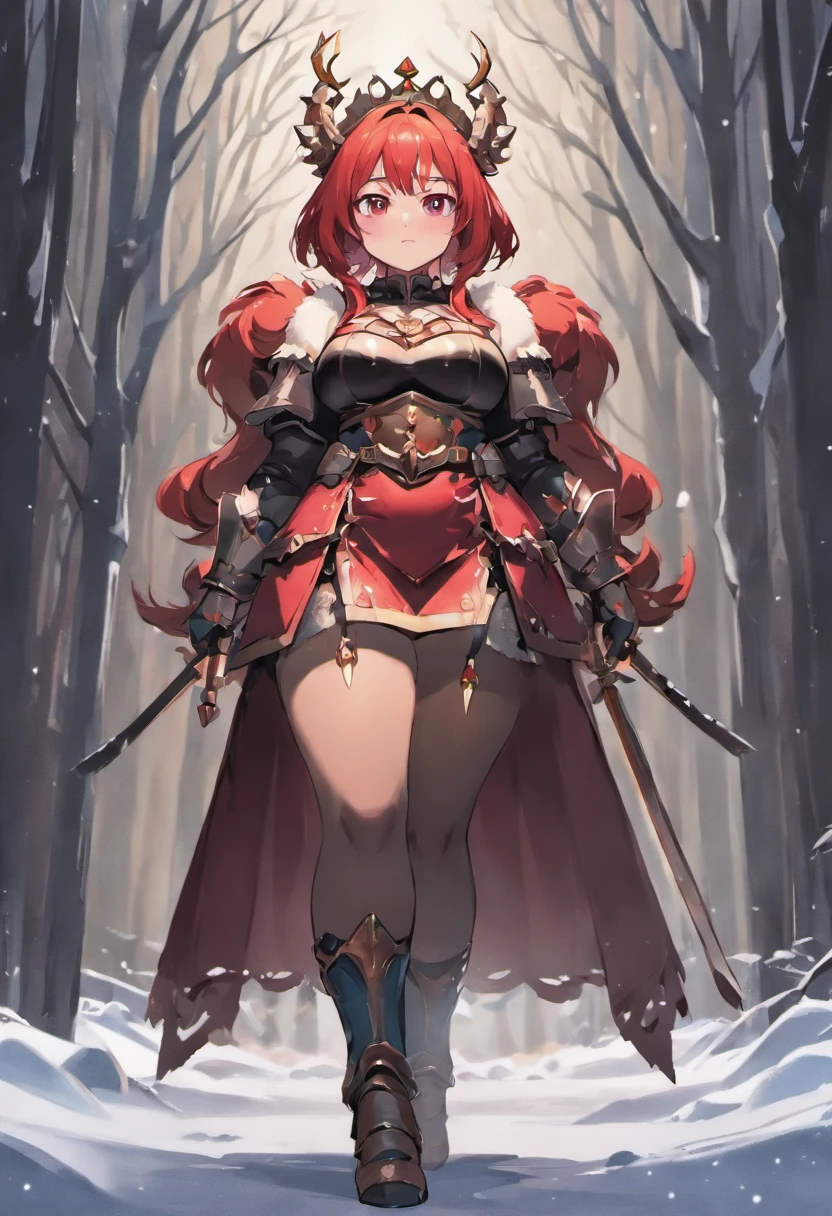 A black medieval winter scene featuring a chubby female with red hair wearing sexy minimal small armor and really smal black clothing. The female character has a thick body, thick legs, thicc thighs, and the widest hips. The emphasis is on the photo taken from the back to showcase the character's big booty. The image quality should be the best, with a high resolution of 4k or 8k, and it should be ultra-detailed and realistic. The art style should reflect a medieval setting with vivid colors, and the overall color tone should convey a winter atmosphere. The lighting should enhance the depiction of the character's curves and highlight the details of the armor and clothing.
