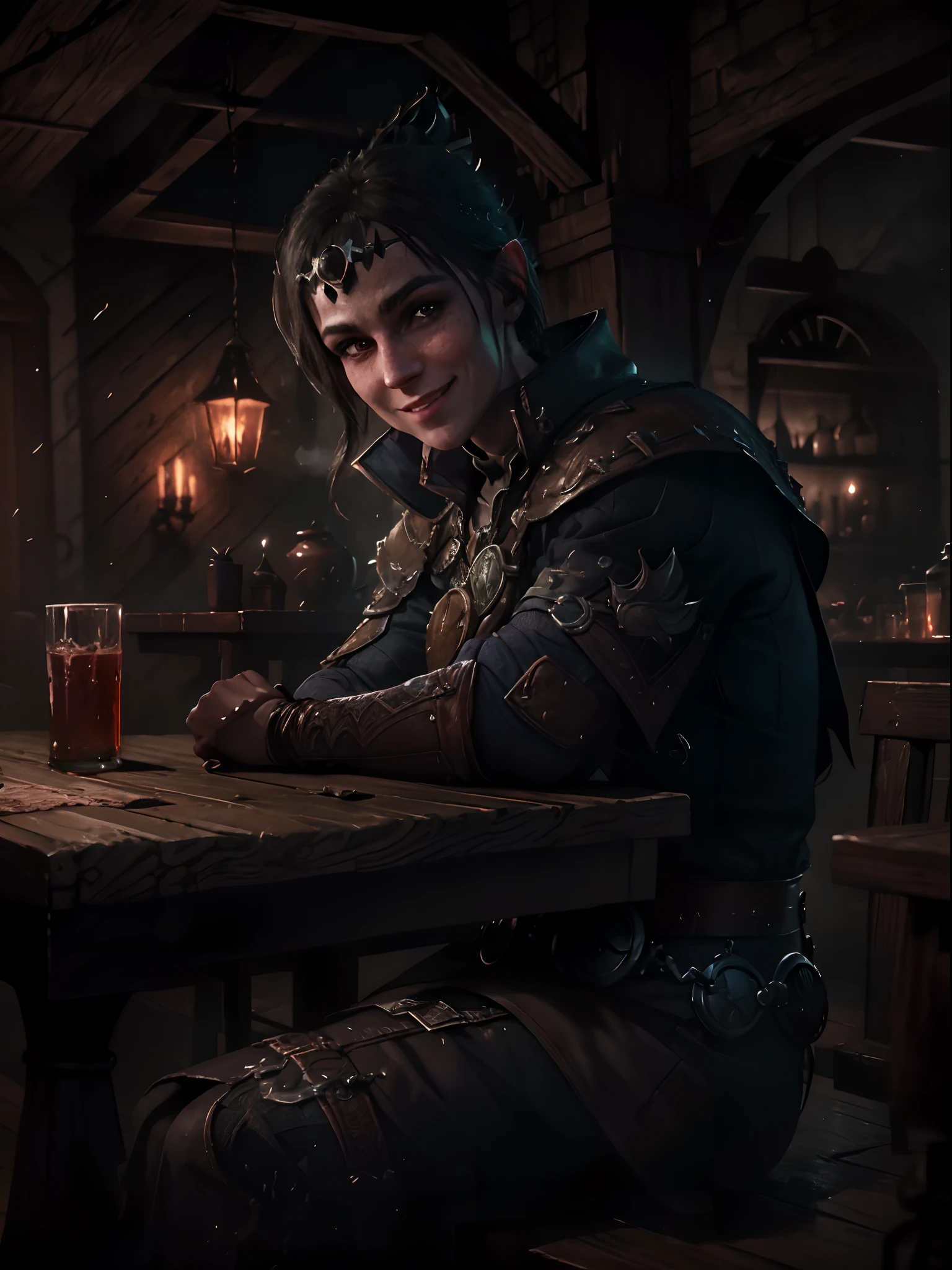 Shadowheart from Baldur's Gate 3, sitting at a table in a tavern at night, (dark room:1.4), night, dim lighting, smiling, extremely detailed face and eyes, Beautiful shadow and lumen