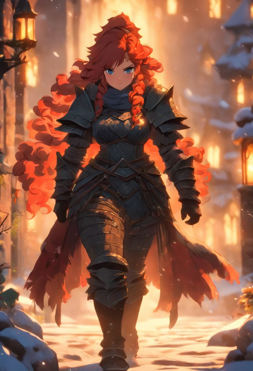 A black medieval winter scene featuring a chubby female with red hair wearing sexy minimal small armor and really smal black clothing. The female character has a thick body, thick legs, thicc thighs, and the widest hips. The emphasis is on the photo taken from the back to showcase the character's big booty. The image quality should be the best, with a high resolution of 4k or 8k, and it should be ultra-detailed and realistic. The art style should reflect a medieval setting with vivid colors, and the overall color tone should convey a winter atmosphere. The lighting should enhance the depiction of the character's curves and highlight the details of the armor and clothing.