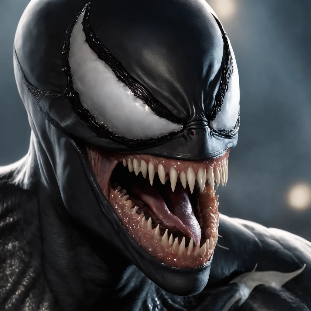 Venom,symbiote,Human perspective,Humanoid robots,Male,Black body,Dripping,Sweat,Wet,Open mouth,Blood basin mouthful,Sharp teeth,Long tongue,There is mucus on the tongue,Muscular male,large pecs,Abs are prone to negative skin,Black and blue body,Sweat,Mucus attaches to the body,Greasy and shiny body,Majestic body,Deterrent head,Giant body,perfect bodies,Shark line diagram,Whole body diagram,Beast-shaped hands and feet,toenails