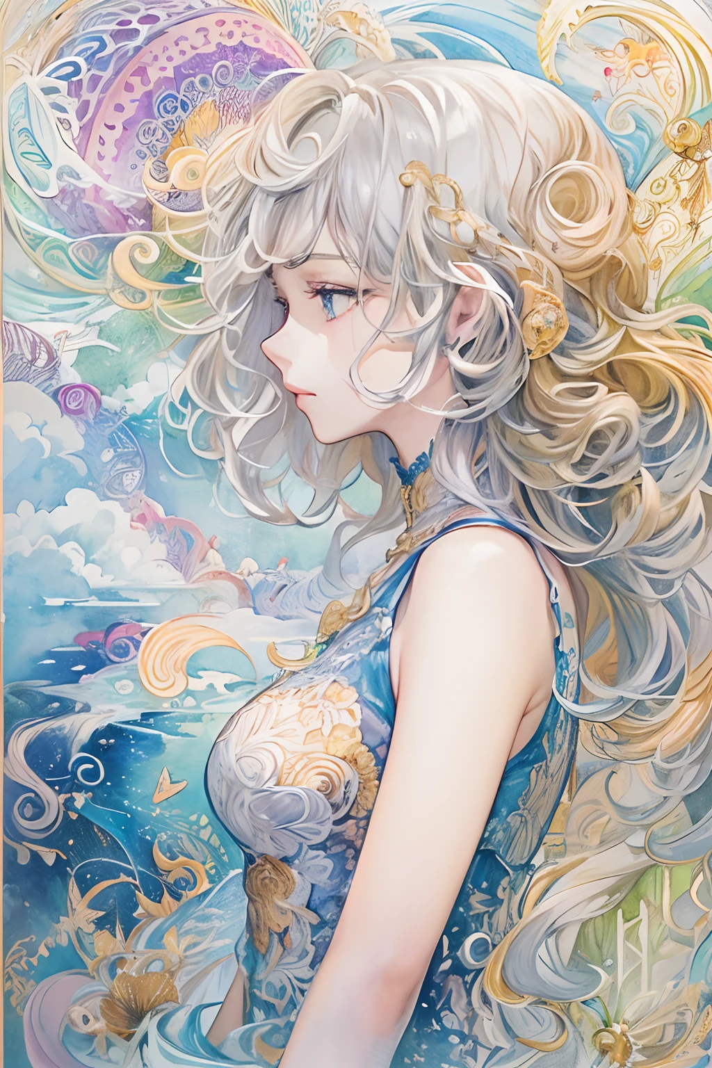 (tmasterpiece、top-quality、top-quality、watercolor paiting(curly)、offcial art、aestheticly pleasing:1.2)、(1girl in:1.3)、(Fractal art:1.3)、The upper part of the body、From the side Side、looking at viewert、patterns、(colorfulhair、Half-blonde,Half of the hair is silver:1.2)、Eau、liquids、clouds、Extremely colorful、starrysky、stone monument、tarot cards,the elf,Plump body,swim wears,