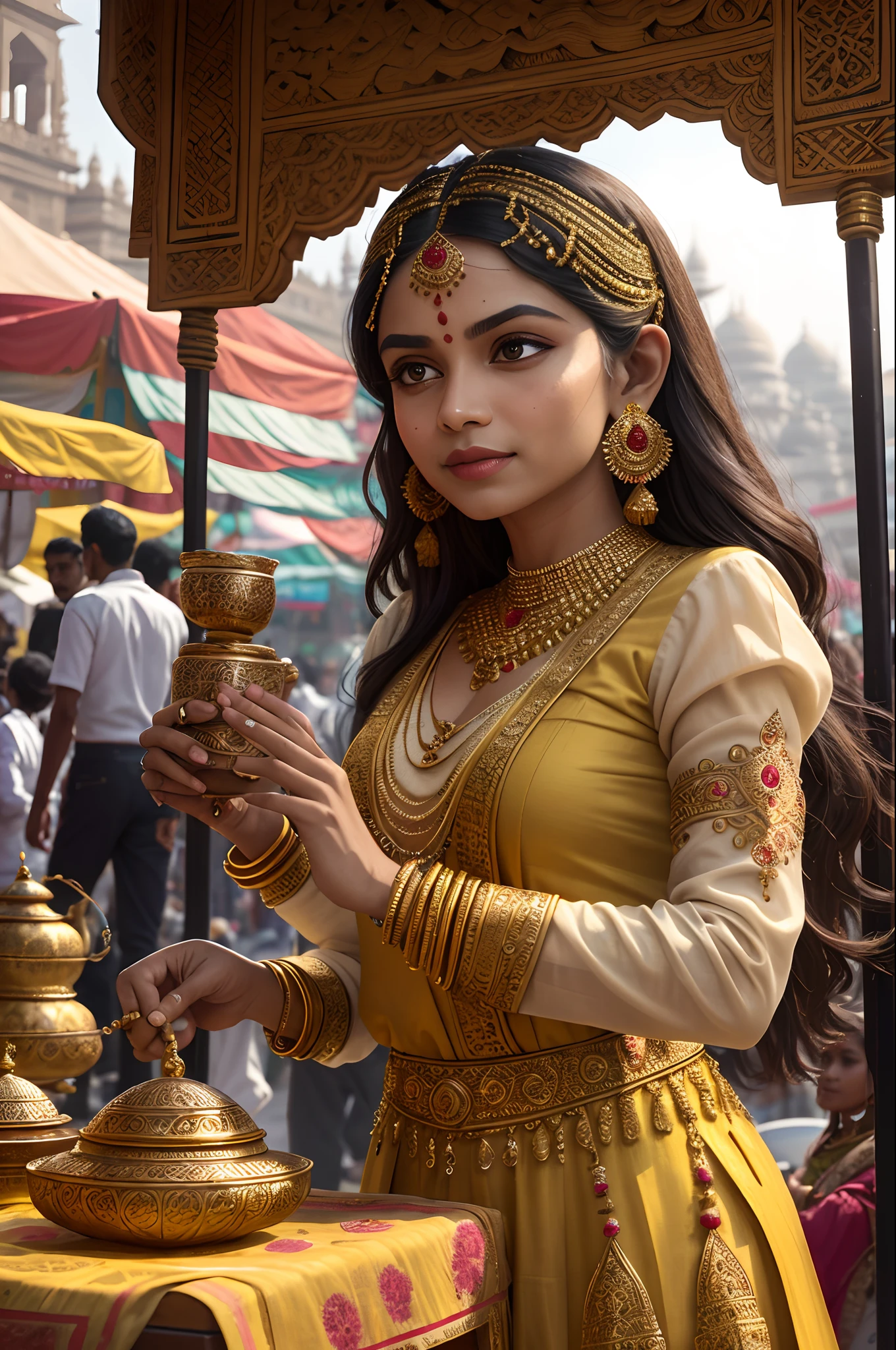 (stable diffusion prompt)
A bustling city in ancient India during the golden age, where vibrant culture and opulence converge. The composition centers around a majestic palace with intricate architecture (palace with intricate architecture). The palace is adorned with beautifully carved sculptures depicting mythological stories (intricately carved sculptures). The cityscape is filled with colorful marketplaces, bustling streets (colorful marketplaces and bustling streets), and ornate temples with towering spires (ornate temples with towering spires).
Clad in luxurious silk garments, men and women roam the streets (men and women in silk garments), exuding elegance and grace. Amidst the bustling crowd, street vendors sell fragrant spices, vibrant textiles, and sparkling jewels (vendors selling spices, textiles, and jewels), creating a lively atmosphere. The air is tinged with the scent of freshly brewed chai, as tea stalls offer hot cups of this beloved beverage (chai stalls with aromatic tea).
The people of the city are adorned with jewelry, including intricate necklaces, ornate bangles, and shimmering earrings (people wearing intricate jewelry). Delicate henna designs embellish the hands of women, showcasing their rich cultural heritage (delicate henna designs on women's hands).
As the sun sets, casting a warm golden glow over the city, colorful festivals and celebrations commence (vibrant festivals at sunset). Music and dance fill the air, as performers showcase their skills in classical Indian dance forms such as Bharatanatyam and Kathak (classical dance performances). The sound of traditional instruments, such as the sitar and tabla, echo through the streets (traditional music playing).
The overall image quality is of the highest standard, with crisp details that capture the beauty of the architecture, people, and landscapes (best quality, highres:1.2). The colors in the scene are vivid and rich, with a warm color palette that reflects the vibrant culture of