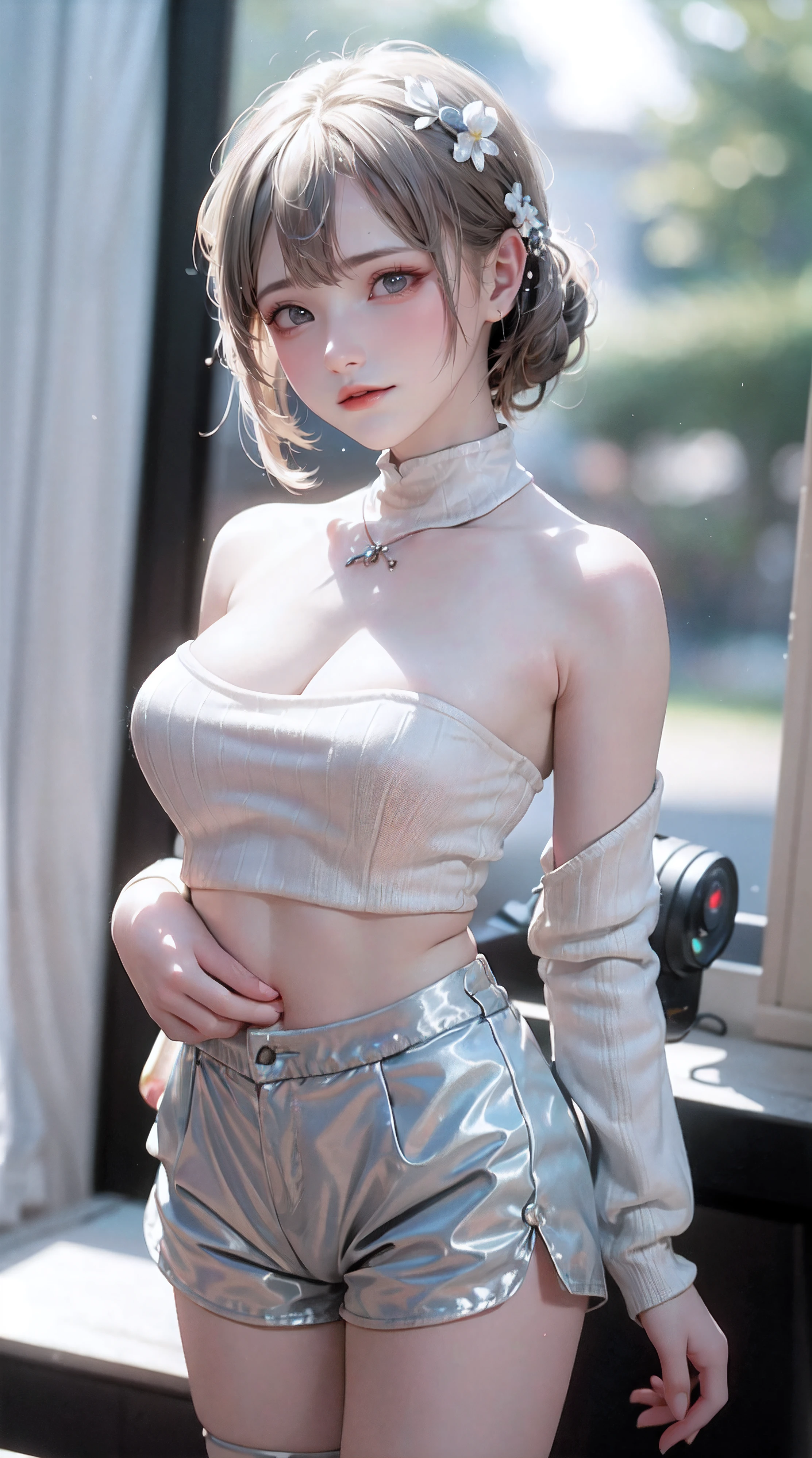 side boobs,(masterpiece), best quality, extremely detailed, (watercolor), bloom, delicate and beautiful, illustration, (from below),(1girl:1.4), (solo:1.2), large breasts, (ribbed sweater:1.3), off-shoulder sweater, (short shorts:1.2), bare shoulders, (underboob), ((dark skin:0.8)), beautiful eyes, (disheveled hair ), photography, over-the-shoulder shot, by Alex Maleev, professional, canon camera, nikon camera, sharp, bokeh, studio quality, fisheye lens, by Robert Capa ,SLR camera