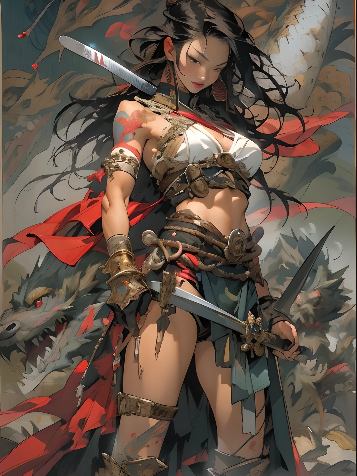 (((woman))), (((best qualityer))), (((tmasterpiece))), (((AS-Adult))), ((( Japanese ))), Look up from your knees, A beautiful asian samurai woman with perfect body, Modern samurai, ((( Asian))), Wear gloves on your hands,The left arm is made of steel and metal tips,Made of protective devices, The eyes are pulled, (( Appears below the breast )), (( Small dental floss )), Simon Bisley, Almost naked(Simon Bisley)Castle City Wilderness,For high-resolution posters, hair straight, Minimum clothing, armure (Crazy clothes ), Full of tips and rivets, tribal tattoos, (((full bodyesbian))), Straight brunette hair,Colored hair ends