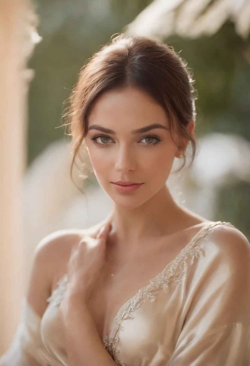 Maximum realistic style brunette spanish woman in long dress taking a selfie