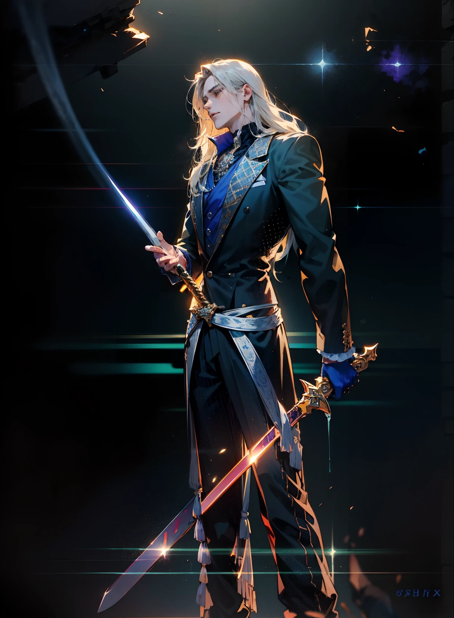 A young man with deep blue long hair, cold and resolute eyes, a slender face, handsome features, stands tall in front of a decrepit ancient city under the night sky, exudes a dignified demeanor, he wears a two-piece Western-Eastern hybrid black suit coat, matching black trousers, in each hand he holds a curved longsword emitting a faint, hazy blue glow that illuminates the surroundings, this character embodies a finely crafted fantasy-style swordsman design in anime style, characterized by a sophisticated and mature manga illustration art style, high definition, best quality, highres, ultra-detailed, ultra-fine painting, extremely delicate, professional, anatomically correct, symmetrical face, extremely detailed eyes and face, high quality eyes, creativity, RAW photo, UHD, 8k, Natural light, cinematic lighting, masterpiece:1.5