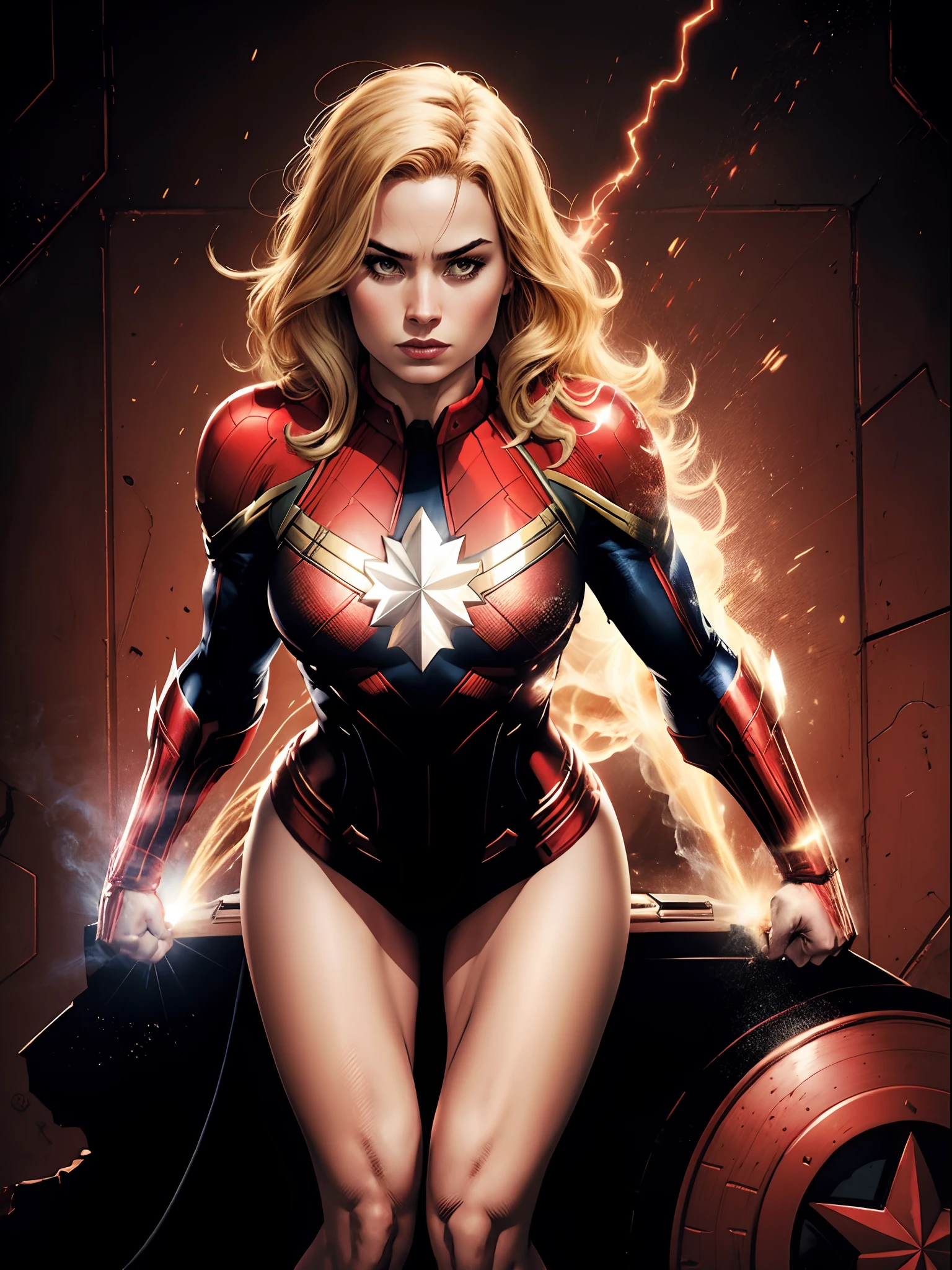 a girl, Brie Larson plays Captain Marvel, show her back, beautiful face, blue eyes, details face, kneeling, Get on all fours, ass rise up, head down, super huge breasts, huge ass, big legs, open legs, Convex, cameltoe,sexy bra, sexy thongs, sexy feet
