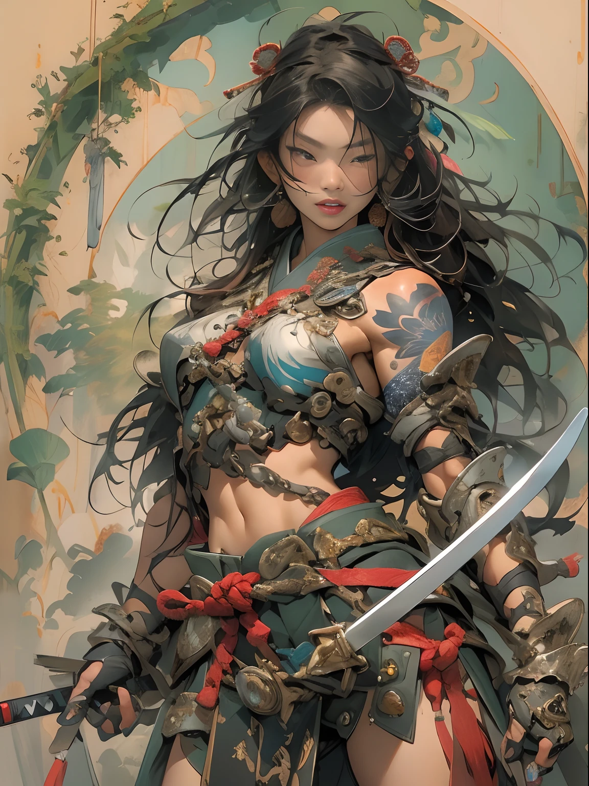 (((woman))), (((best qualityer))), (((tmasterpiece))), (((AS-Adult))), ((( Japanese ))), Look up from your knees, A beautiful asian samurai woman with perfect body, Modern samurai, ((( Asian))), Wear gloves on your hands，The left arm is made of steel and metal tips，Made of protective devices, The eyes are pulled, (( Appears below the breast )), (( Small dental floss )), Simon Bisley, Almost naked（Simon Bisley）Castle City Wilderness，For high-resolution posters, hair straight, Minimum clothing, armure (Crazy clothes ), Full of tips and rivets, tribal tattoos, (((full bodyesbian))), Straight brunette hair，Colored hair ends