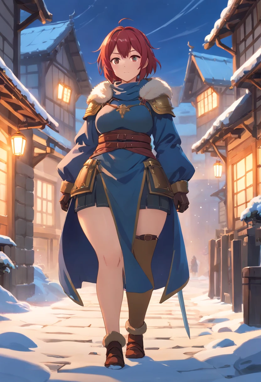 A black medieval winter scene featuring a chubby female with red hair wearing sexy minimal small armor and really smal black clothing. The female character has a thick body, thick legs, thicc thighs, and the widest hips. The emphasis is on the photo taken from the back to showcase the character's big booty. The image quality should be the best, with a high resolution of 4k or 8k, and it should be ultra-detailed and realistic. The art style should reflect a medieval setting with vivid colors, and the overall color tone should convey a winter atmosphere. The lighting should enhance the depiction of the character's curves and highlight the details of the armor and clothing.