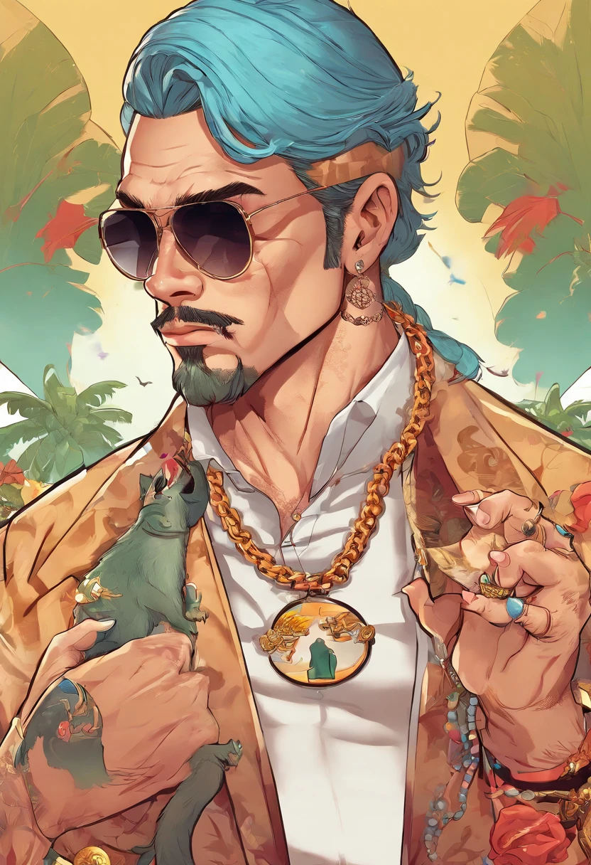 （High dynamic range）Adult males、bule、Hair color、argent、[[a necklace、mustache、piercings]]、（ultra-detailliert）Black sunglasses、Black hat、white t-shirts、Cartoon in a black suit、Wind Illustration, cartoon artstyle, cartoon artstyle, in digital illustration style, highly detailed character design,, Portrait Character Design, beautiful digital illustrations, high quality portrait, Cartoon art, Portrait of a character design、