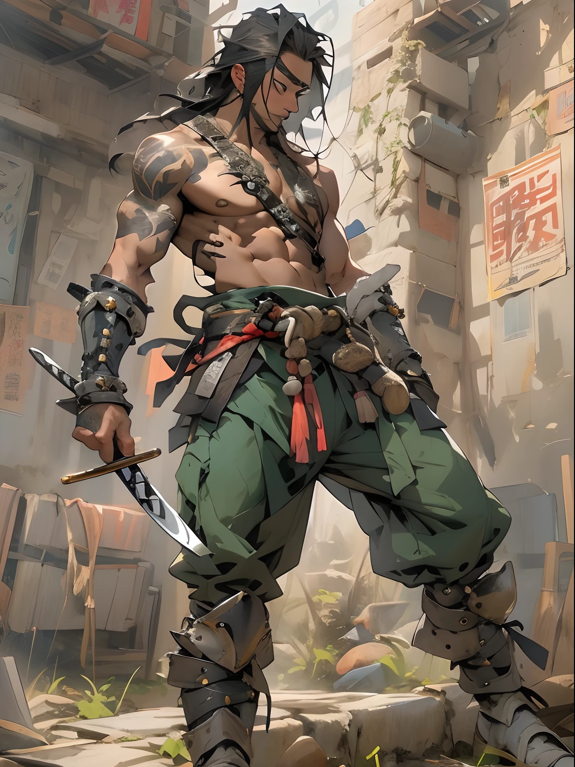 (((mtu))), (((best qualityer))), (((tmasterpiece))), (((AS-Adult))), ((( Japanese ))), Look up from your knees, Handsome Asian samurai,perfect body figure, Modern samurai, ((( Asian))), Wear gloves on your hands,The left arm is made of steel and metal tips,Made of protective devices, The eyes are pulled, (( Appears below the chest )), (( Small dental floss )), Simon Bisley, Almost naked(Simon Bisley)Castle City Wilderness,For high-resolution posters, hair straight, Minimum clothing, armure (Crazy clothes ), Full of tips and rivets, tribal tattoos, (((full bodyesbian))), Straight brunette hair,Colored hair ends