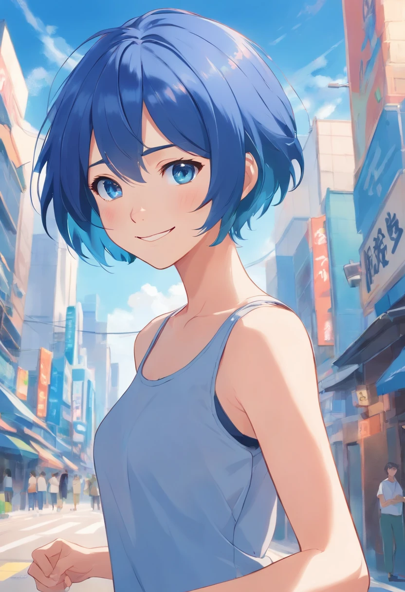 Girl short hair Blue hair Blue eyes Blue matches Smile confidently Correct limbs