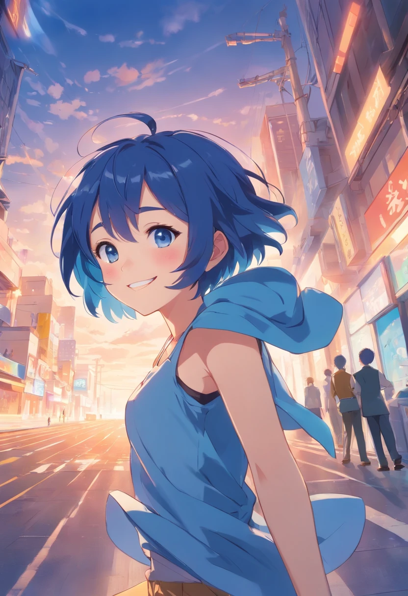 Girl short hair Blue hair Blue eyes Blue matches Smile confidently Correct limbs