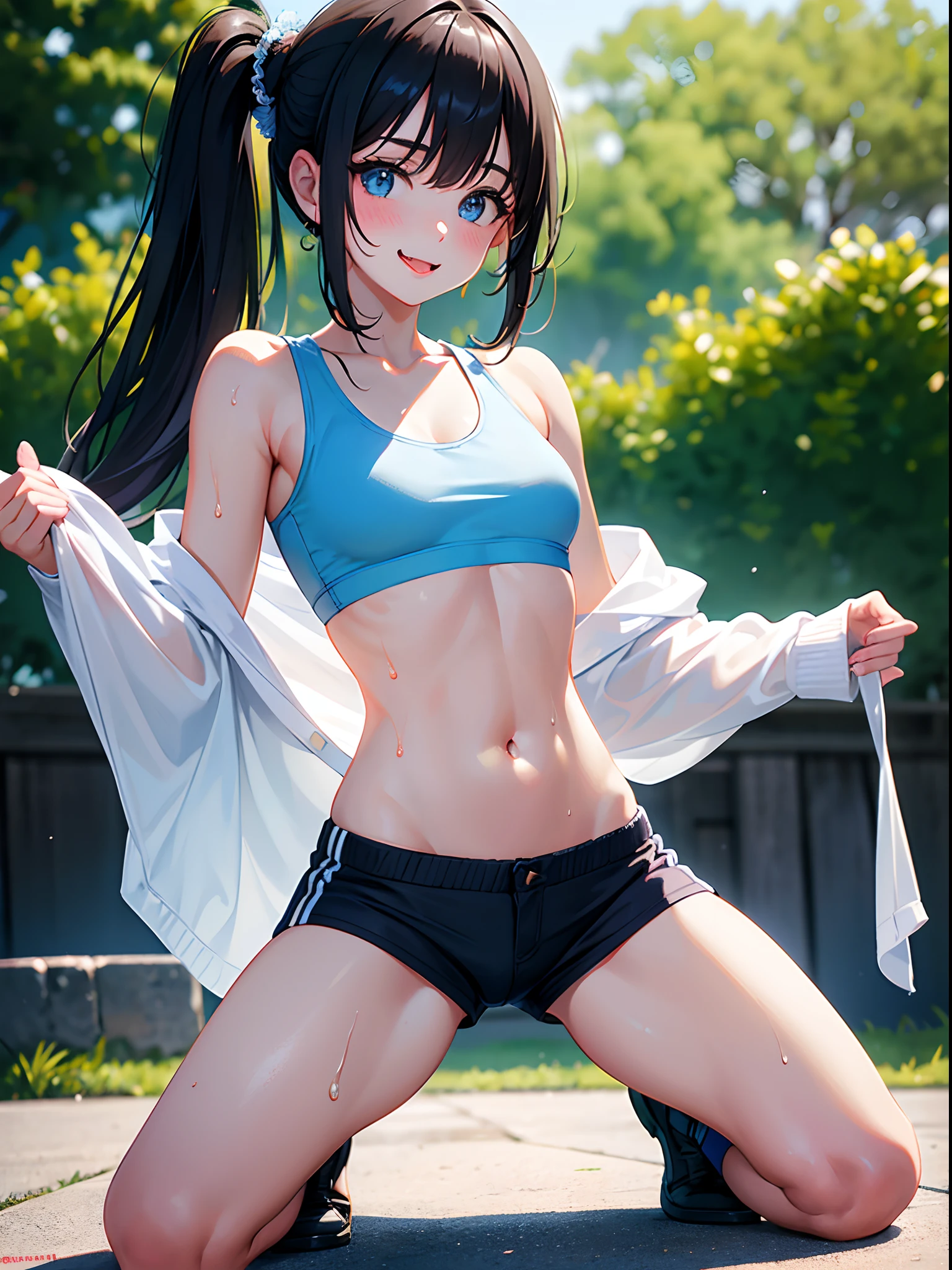 A girl, kneeling on the playground after school, ((full body visible)), far away from viewer.
She is a beautiful, pretty, adorable, cute, young, teen.
She is slim, slender, petite, skinny, (flat chest), (tiny boobs), (small breasts).
She is sweating, wet, soaked. Clothes transparent, sweat on skin, wet hair.
She is grinning, smiling. She looks natural, relaxed, unpretentious.
Trickery face. Making funny faces. (Tongue sticking out), telling a secret, hiding a secret, shy, excited.
She stares, looking at viewer.
She has a black ponytail.
She wears school uniform, a rolled-up white shirt with blue collar, a colored Corduroy sport bra under shirt, blue shorts, wearing two layers.
shirtlift, . (((She lifts up her shirt, showing off her sports bra underneath))).
Camera focused on her face, light on face, very large aperture, ((f/1.2)), shallow depth-of-field, strong background lens blur, ISO 3000, auto white balance,
Extremely detailed, professional lighting, soft light, raw photo, fashion model for uniqlo,
best quality, masterpiece, award-winning photography, huge filesize, 8k, highres,
shot on Sony DSLR.