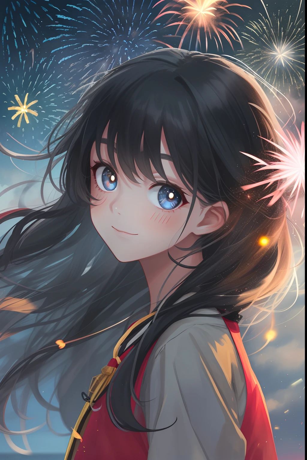 1girll,sideface,Sideways, Expose the whole body,Nice face,red pupils,Gray-black hair,Fireworks in bloom,Colorful fireworks,fire works,daysies,Floating in the sky,brightly,cheerfulness,Warm and soft lighting,early evening,Blue,light cloud,Bar cloud