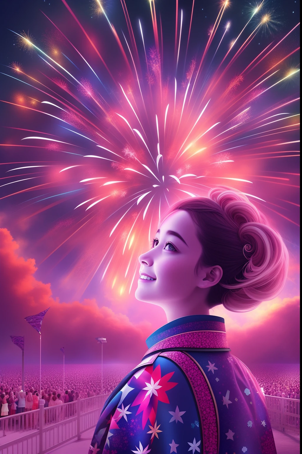 (Fireworks display seen from space)),Fireworks are the main ingredient,A fireworks display beyond imagination,innocent smiles、eye glass、Never seen it、Seven colors,(1girl in, Solo:1.6),(Cute smile),(The clothes are simple), (Best Impact:1.5), (Maximalism:1.7), Vivid Contrast, (Realistic), Hyper-realistic illustration, A high resolution, ultra - detailed, absurderes,(Fractal art:1.3)、Random hairstyle、Random hair colors are colorful、full body shot of、Retro、Precise focus、randome pose、cinema4d、Drama