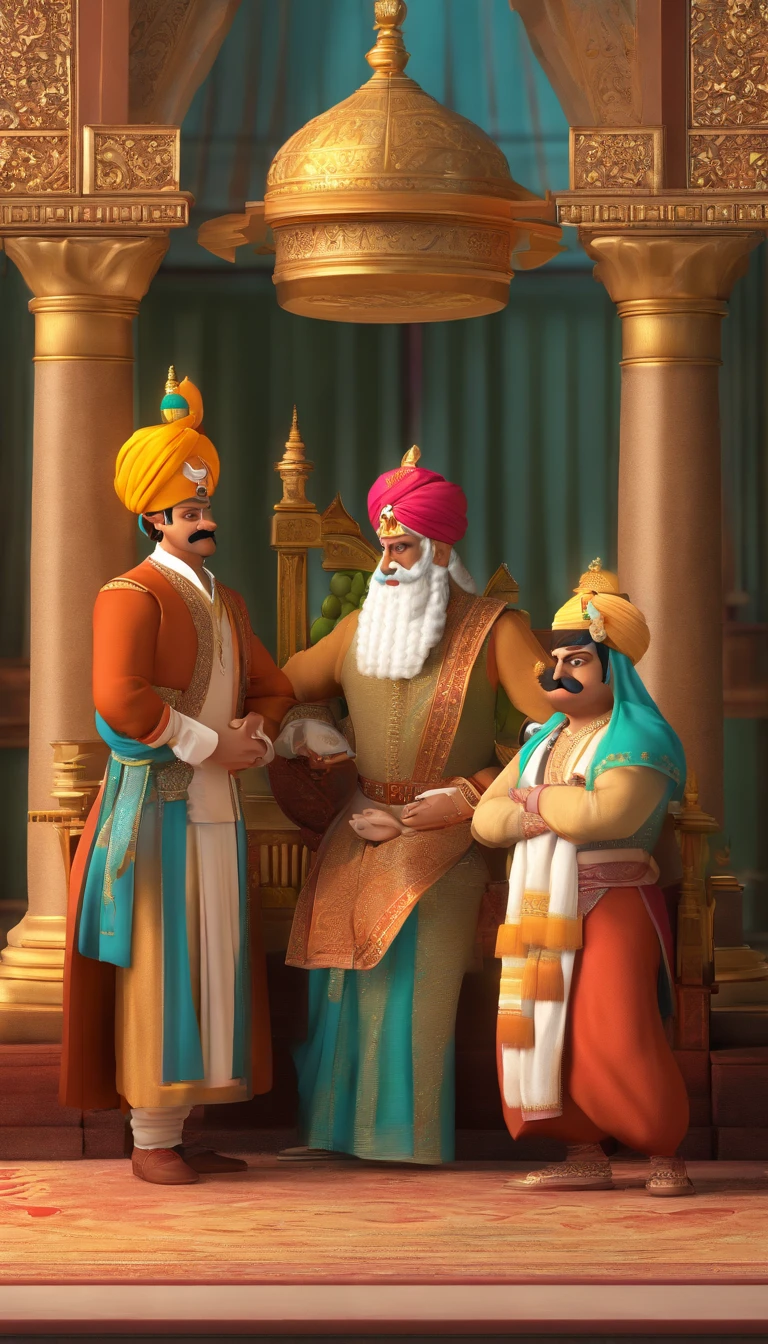 "Create a scene where Akbar and Birbal are presenting a case before a majestic High Court judge."