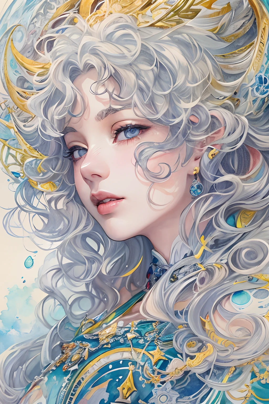 (tmasterpiece、top-quality、top-quality、watercolor paiting(curly)、offcial art、aestheticly pleasing:1.2)、(1girl in:1.3)、(Fractal art:1.3)、The upper part of the body、From the side Side、looking at viewert、patterns、(colorfulhair、Half-blonde,Half of the hair is silver:1.2)、Eau、liquids、clouds、Extremely colorful、starrysky、stone monument、tarot cards,the elf,