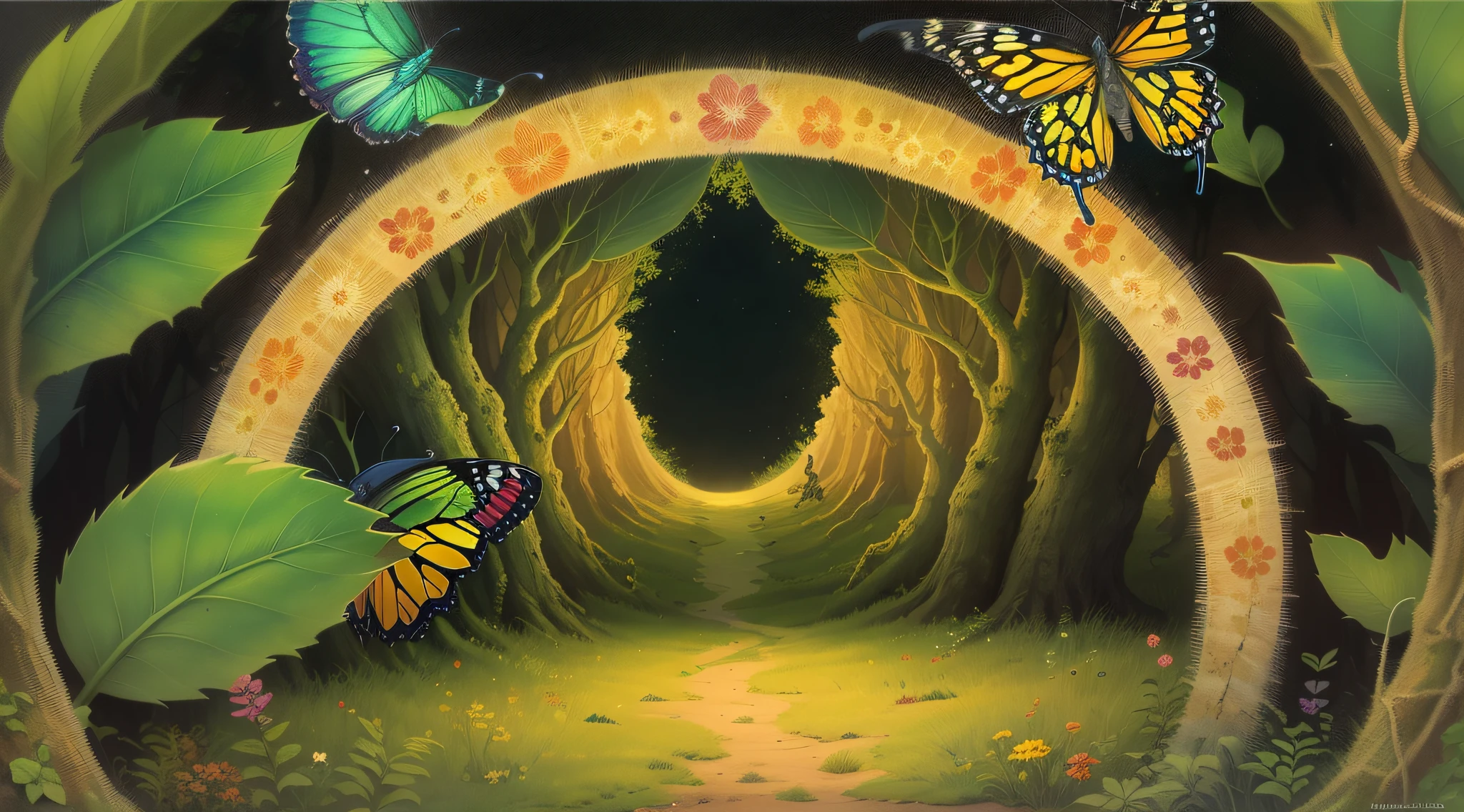 "Imagine a powerful image that captures transformation and hope. An image that shows a newly hatched butterfly in contrast to a caterpillar, symbolizing change and overcoming. The butterfly's wings should glow with vibrant colors, while the caterpillar is in deep shadows. In the background, there is a young oak tree, with green shoots, symbolizing growth and renewal. Around the image, place a frame with the text 'From Darkness to Light: Stories of Transformation and Hope - Watch Now!'. The image must convey the urgency of watching the video and the emotion of finding hope, transformation and inner strength."