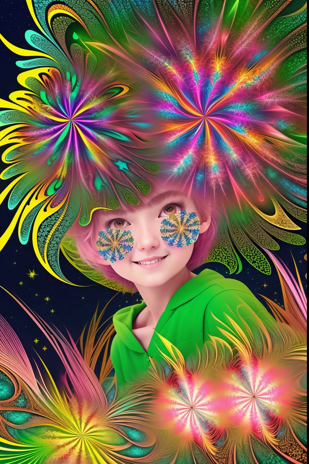 (Fireworks display seen from space)),Fireworks are the main ingredient,A fireworks display beyond imagination,innocent smiles、eye glass、Never seen it、Seven colors,(1girl in, Solo:1.6),(Cute smile),(The clothes are simple), (Best Impact:1.5), (Maximalism:1.7), Vivid Contrast, (Realistic), Hyper-realistic illustration, A high resolution, ultra - detailed, absurderes,(Fractal art:1.3)、Random hairstyle、Random hair colors are colorful、full body shot of、Retro、Precise focus、randome pose、cinema4d、Drama