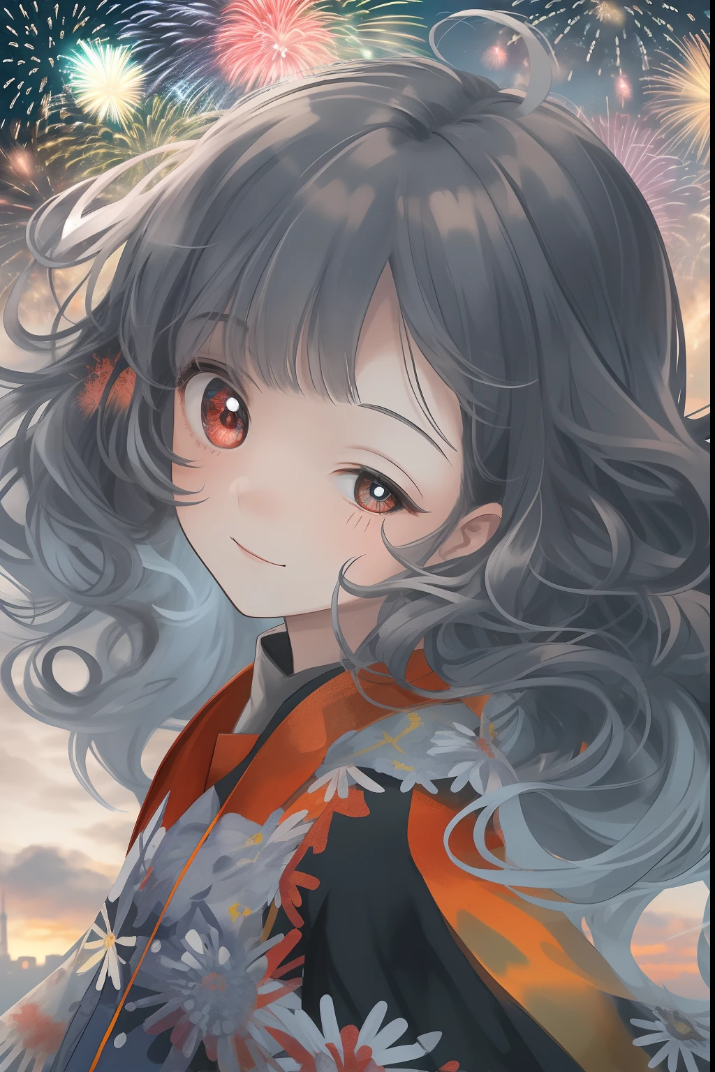 1girll,sideface,Sideways, Expose the whole body,Nice face,red pupils,Gray-black hair,Fireworks in bloom,Colorful fireworks,fire works,daysies,Floating in the sky,brightly,cheerfulness,Warm and soft lighting,early evening,Blue,light cloud,Bar cloud