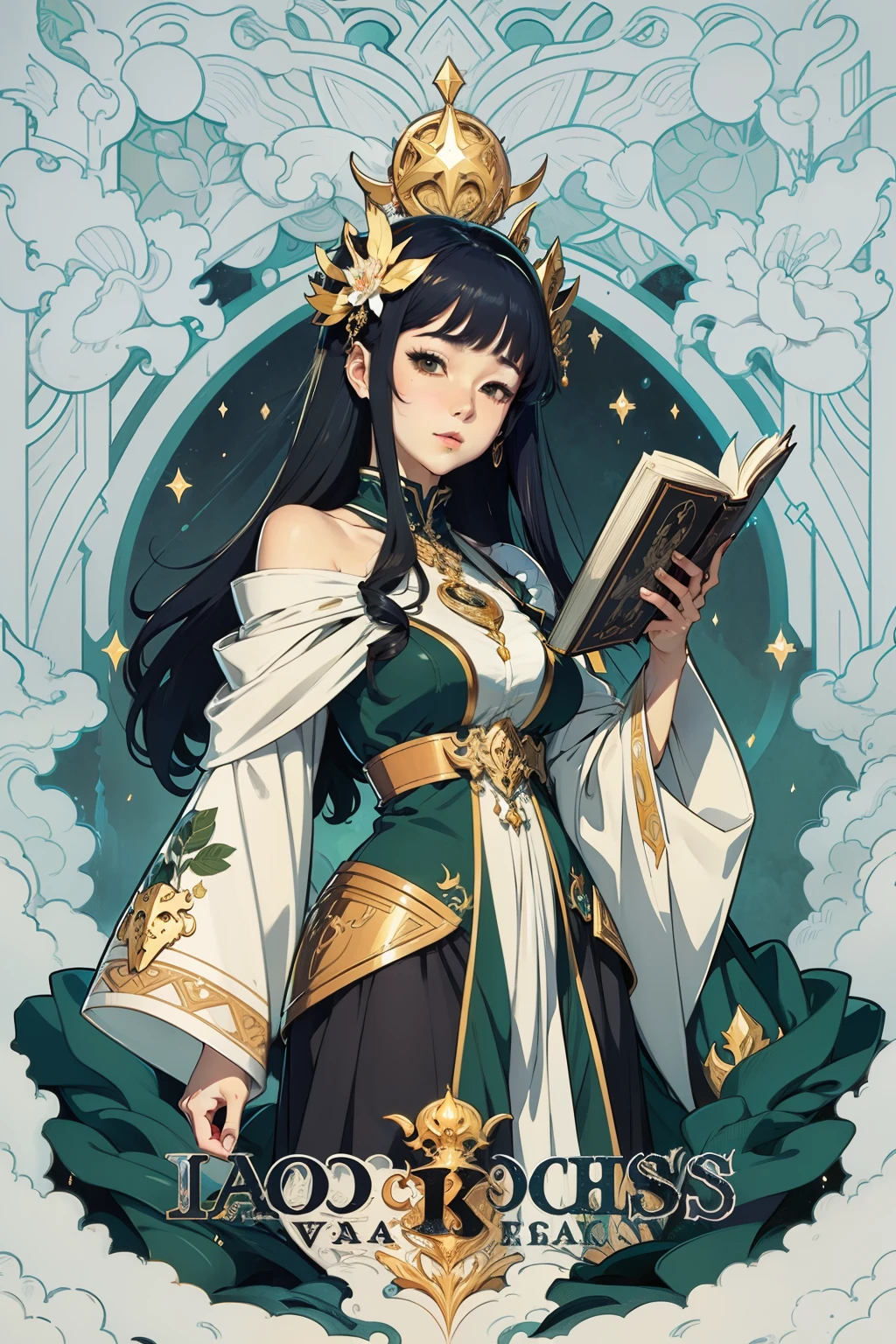 Arafed image of a woman with a light spell book in her hands, Alphonse Mucha e Rossdraw, mucha estilo 4k, Artgerm Mucha, Anime Art Nouveau Coreano, portrait knights of zodiac girl, deusa. Detalhes extremamente altos, anime fantasy illustration, arte de anime digital detalhada, gorgeous goddess of leo, Anime Art Nouveau, Forro Talor, forro de vara, linha clara. perfect leg and hose powders. faceless gourd. roupa de ouro verde .