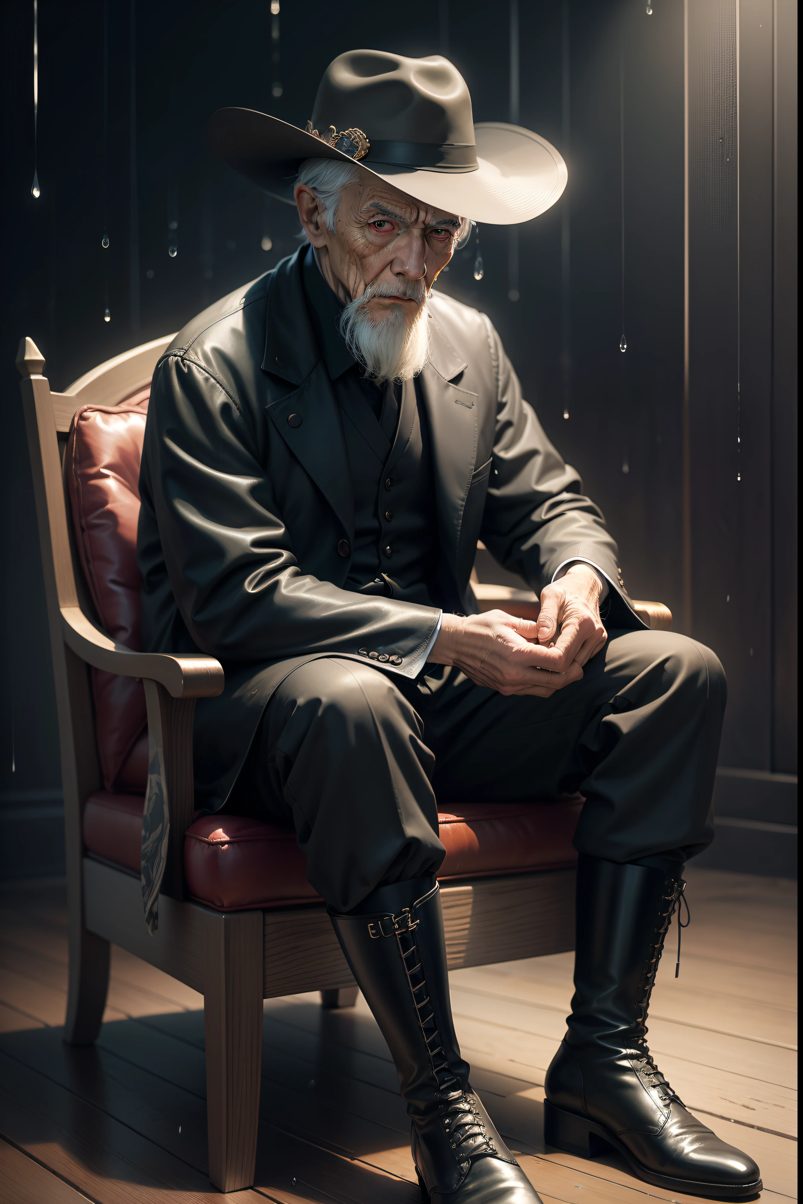 Old gentleman with a goatee,sit on chair,Eyes look at boots,Black high-gloss rain boots, 8K分辨率,Wallpaper masterpiece,Best quality,digitial painting,Highly meticulous,Ultra high quality