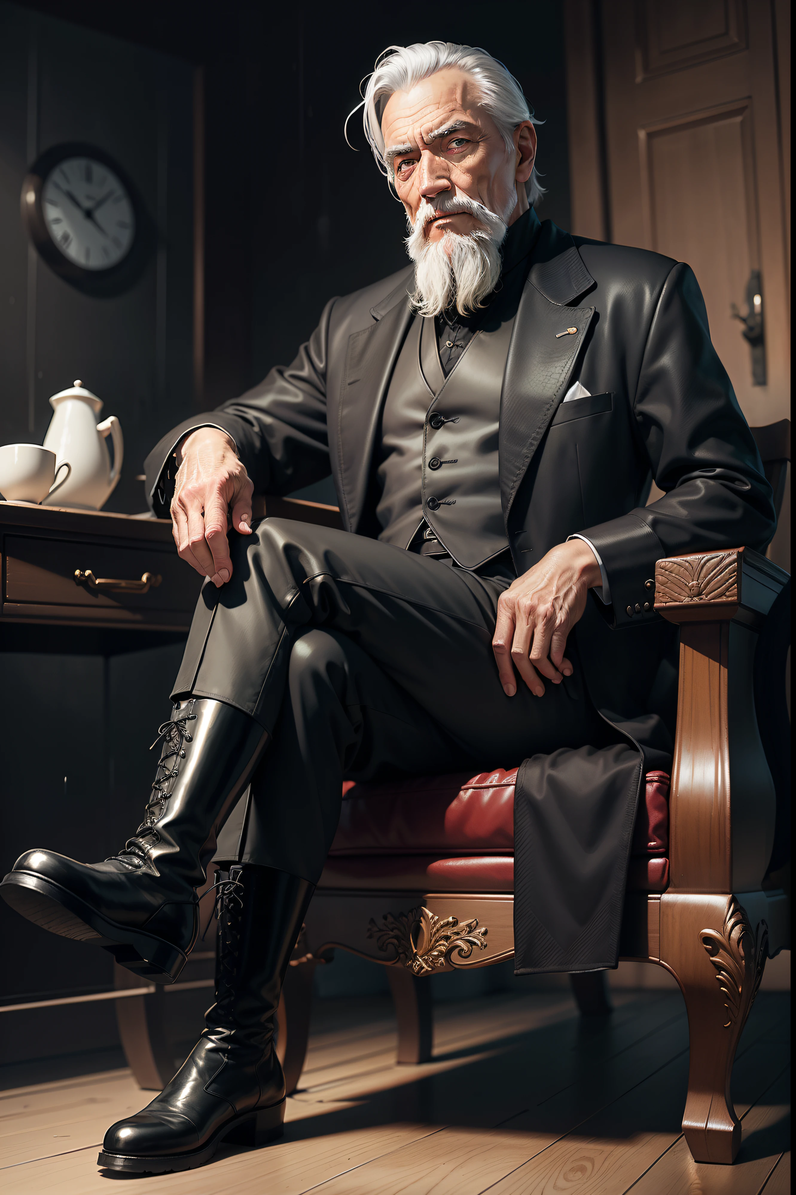 Old gentleman with a goatee,sit on chair,Eyes look at boots,Black high-gloss rain boots, 8K分辨率,Wallpaper masterpiece,Best quality,digitial painting,Highly meticulous,Ultra high quality