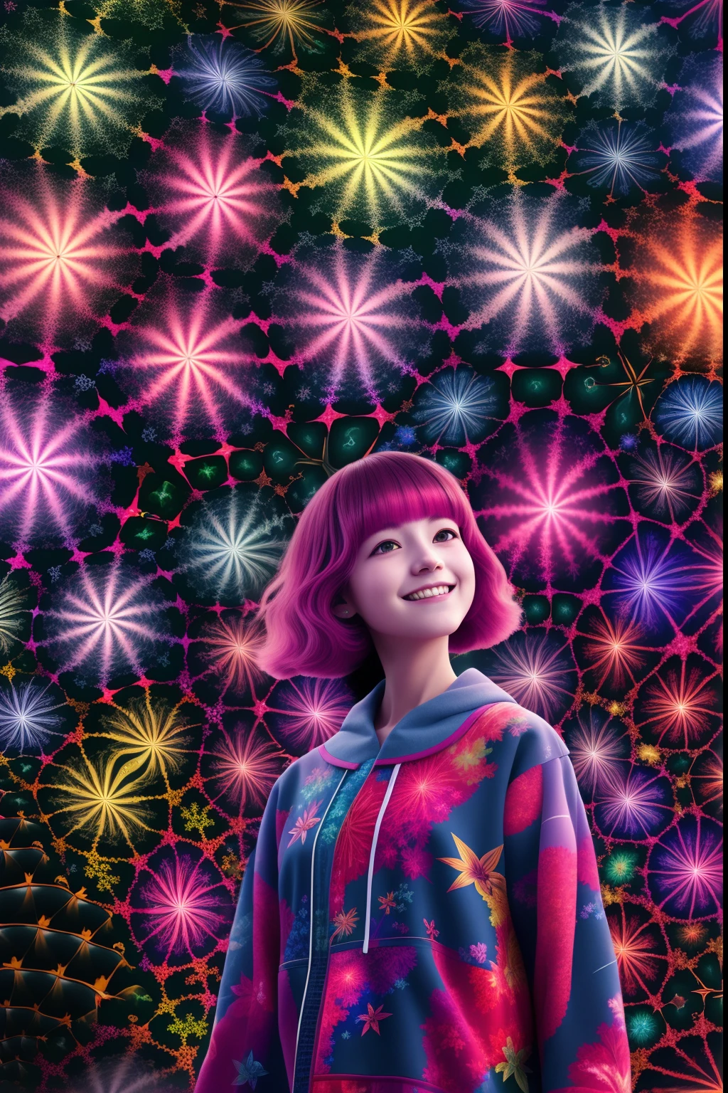 (Fireworks display seen from space)),Fireworks are the main ingredient,A fireworks display beyond imagination,innocent smiles、eye glass、Never seen it、Seven colors,(1girl in, Solo:1.6),(Cute smile),(The clothes are simple), (Best Impact:1.5), (Maximalism:1.7), Vivid Contrast, (Realistic), Hyper-realistic illustration, A high resolution, ultra - detailed, absurderes,(Fractal art:1.3)、Random hairstyle、Random hair colors are colorful、full body shot of、Retro、Precise focus、randome pose、cinema4d、Drama
