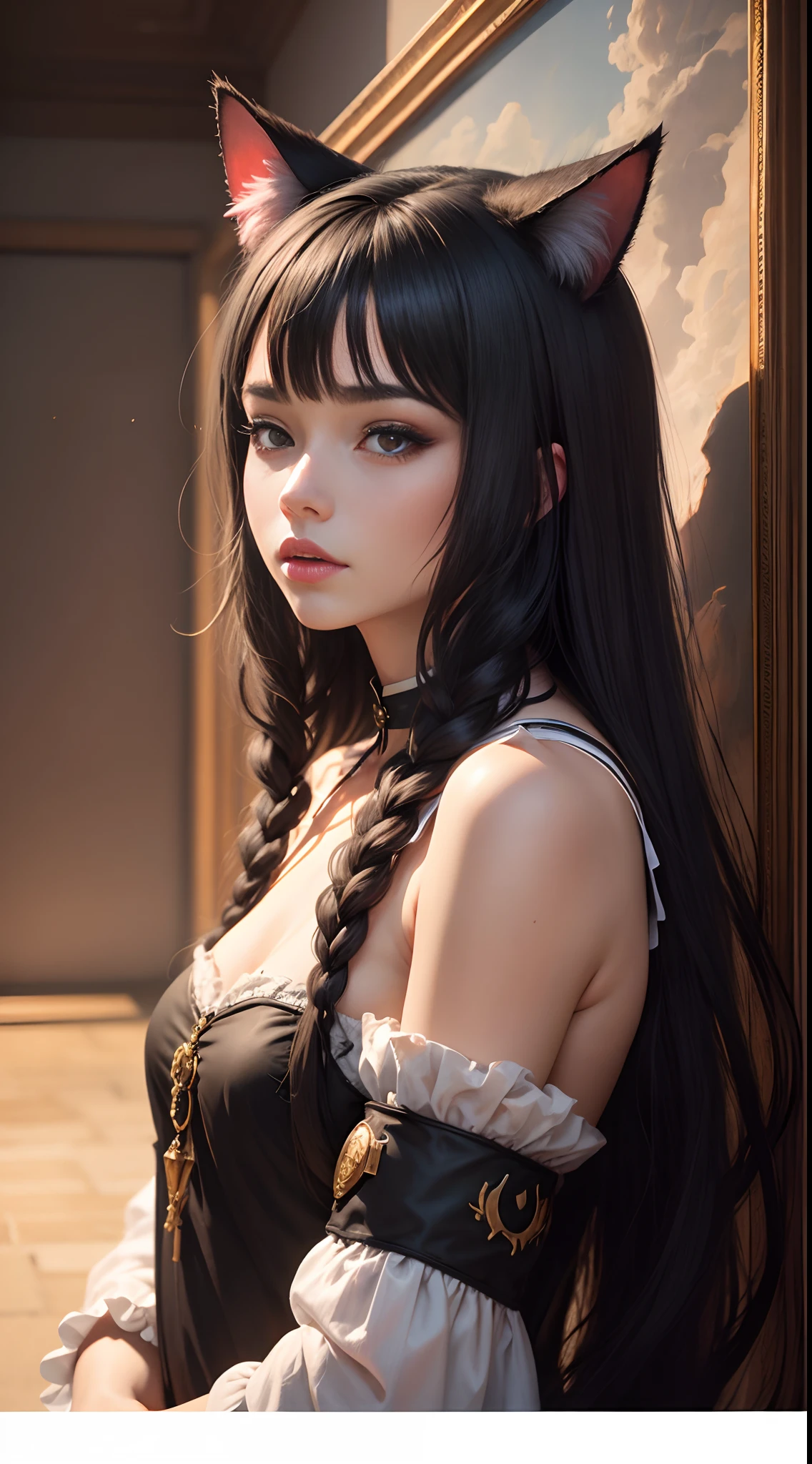 Elfa com orellhas pontudas feminina com pele branca levemente azulada. Com cabelo preto curto com brincos nas orelhas