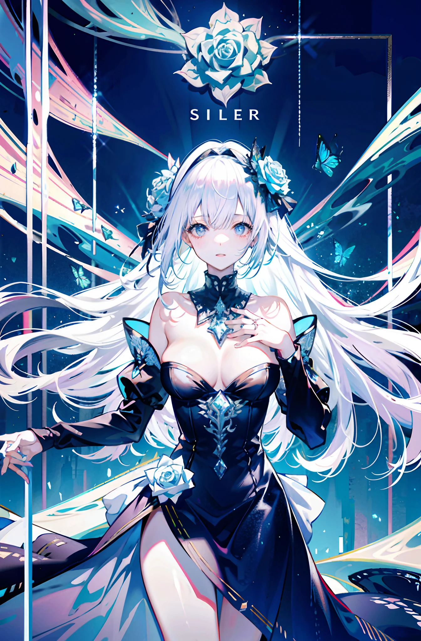 silber hair,butterflys,long whitr hair,8k wallpaper,Highest high resolution,deep v big breasts,Hair over eyes,Bandeau,Princess dress,White rose,tight-fitting,stocklings,