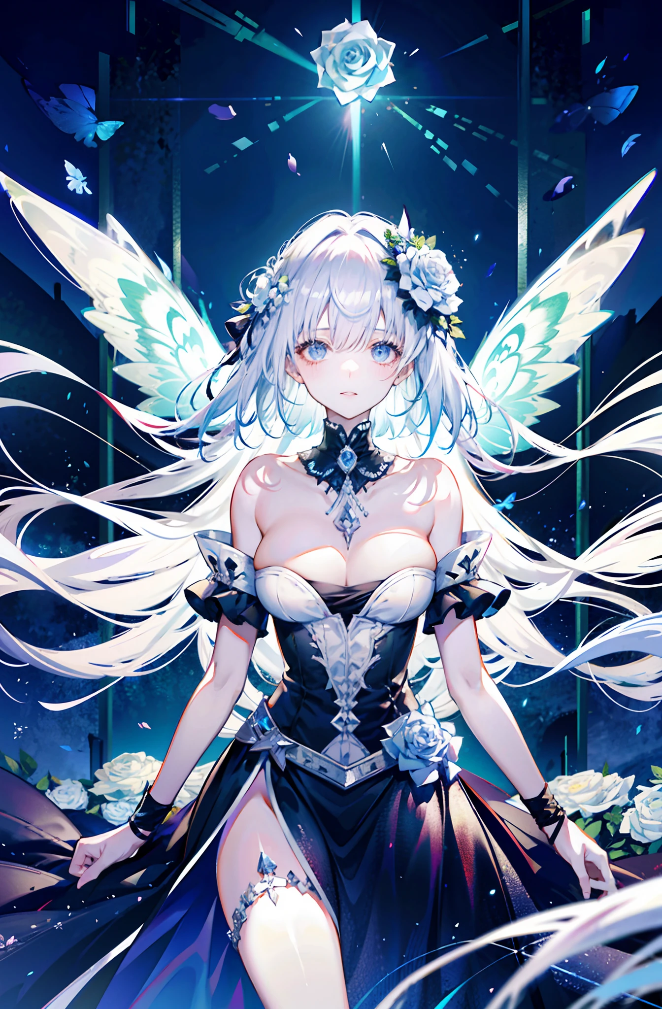 silber hair，butterflys，long whitr hair，8k wallpaper，Highest high resolution，deep v big breasts，Hair over eyes，Bandeau，Princess dress，White rose，tight-fitting，stocklings，