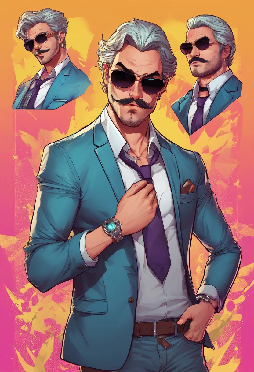 （High dynamic range）Adult males、bule、silber hair、[[a necklace、mustache、piercings]]、（ultra-detailliert）Matrix Sunglasses、Black hat、white t-shirts、Cartoon in a black suit、Wind Illustration, cartoon artstyle, cartoon artstyle, in digital illustration style, highly detailed character design,Portrait Character Design, beautiful digital illustrations, high quality portrait, Cartoon art, Portrait of a character design、