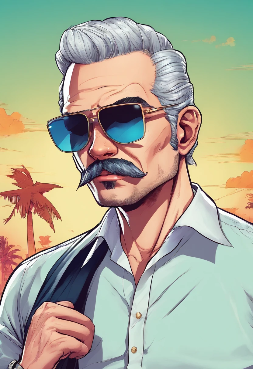 （High dynamic range）Adult males、bule、silber hair、[[a necklace、mustache、piercings]]、（ultra-detailliert）Matrix Sunglasses、Black hat、white t-shirts、Cartoon in a black suit、Wind Illustration, cartoon artstyle, cartoon artstyle, in digital illustration style, highly detailed character design,Portrait Character Design, beautiful digital illustrations, high quality portrait, Cartoon art, Portrait of a character design、