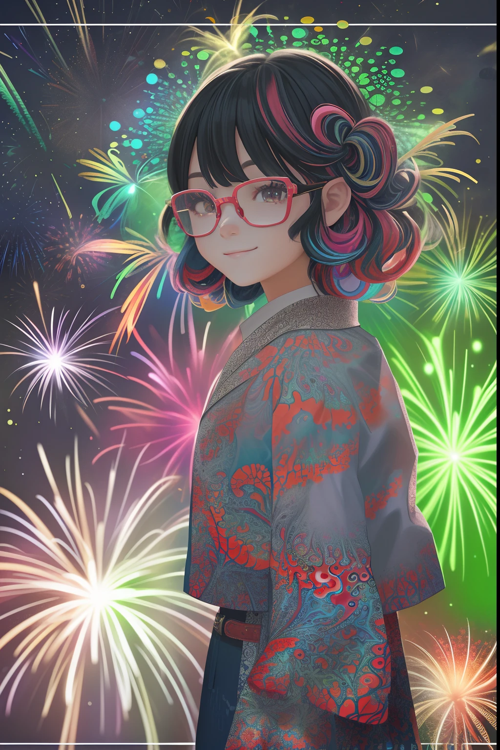 (Fireworks display seen from space)),Fireworks are the main ingredient,A fireworks display beyond imagination,innocent smiles、eye glass、Never seen it、Seven colors,(1girl in, Solo:1.6),(Cute smile),(The clothes are simple), (Best Impact:1.5), (Maximalism:1.7), Vivid Contrast, (Realistic), Hyper-realistic illustration, A high resolution, ultra - detailed, absurderes,(Fractal art:1.3)、Random hairstyle、Random hair colors are colorful、full body shot of、Retro、Precise focus、randome pose、cinema4d、Drama