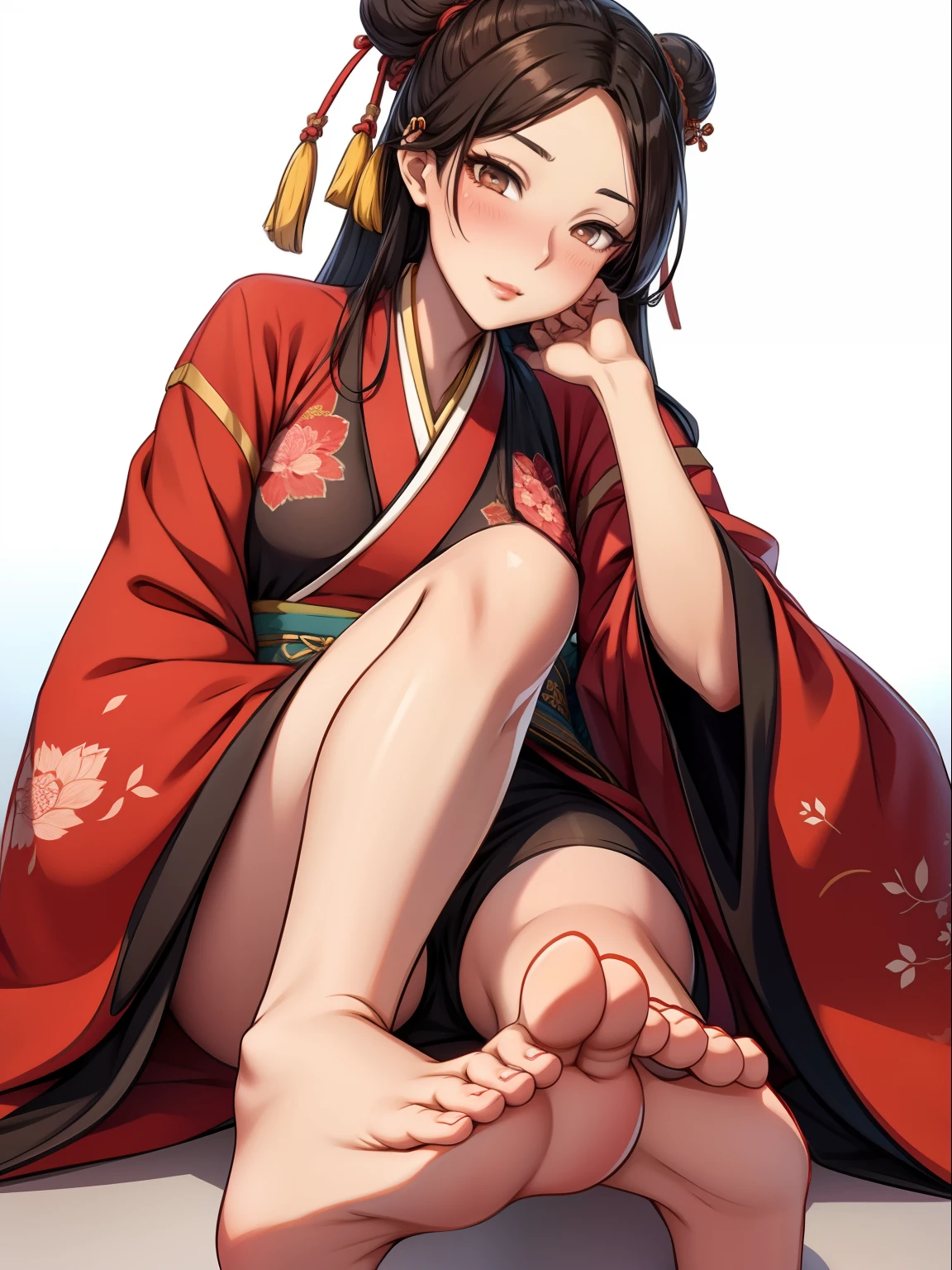 Hanfu beauty stretching her feet in front of the camera