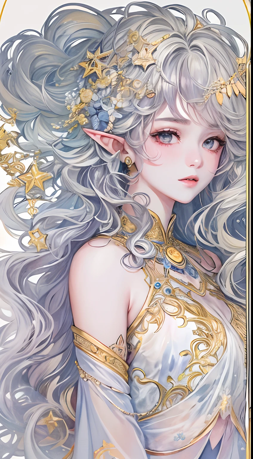 (tmasterpiece、top-quality、top-quality、watercolor paiting(curly)、offcial art、aestheticly pleasing:1.2)、(1girl in:1.3)、(Fractal art:1.3)、The upper part of the body、From the side Side、looking at viewert、patterns、(colorfulhair、Half-blonde,Half of the hair is silver:1.2)、Eau、liquids、clouds、Extremely colorful、starrysky、stone monument、tarot cards,the elf,